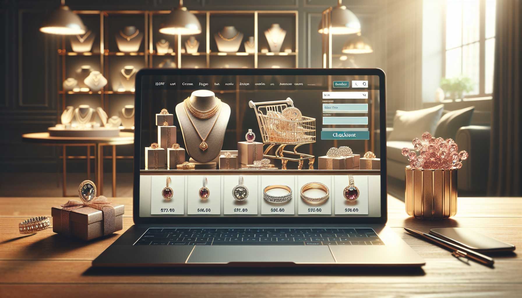 A photo-realistic image depicting a well-designed e-commerce jewelry website on a laptop screen, with a shopping cart filled with luxurious jewelry items. The background shows a warm and inviting workspace with elegant jewelry pieces on a table, soft lighting, and decorative elements that reflect a high-end jewelry store ambiance. The screen prominently displays a user-friendly checkout process with visible features like a progress bar and transparent pricing.