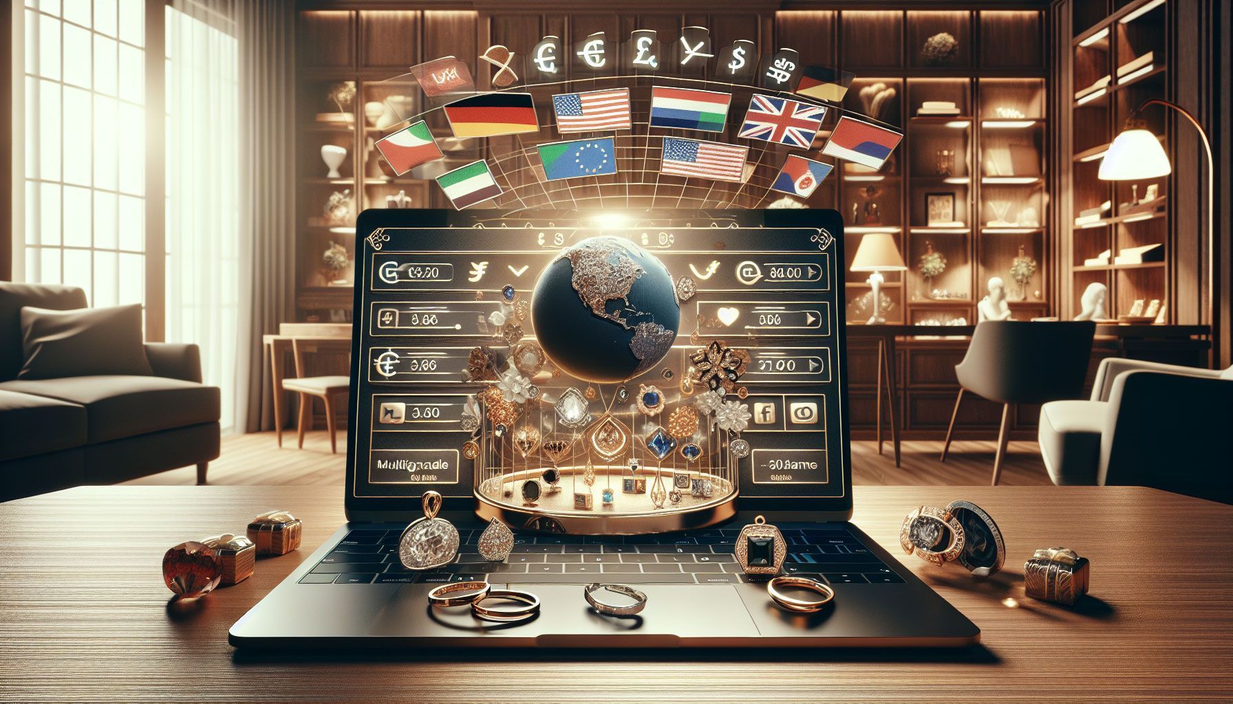 A photo-realistic image of a luxurious jewelry webshop interface displayed on a laptop screen, showcasing international currencies and multiple language options. The setting includes elegant jewelry pieces like rings and necklaces arranged artistically. Around the laptop, there are cultural elements such as flags of various countries, a globe, and social media icons, reflecting the concept of expanding into foreign markets. The background is a stylish, modern home office with rich wooden textures and soft lighting, conveying a sense of sophistication and global reach.