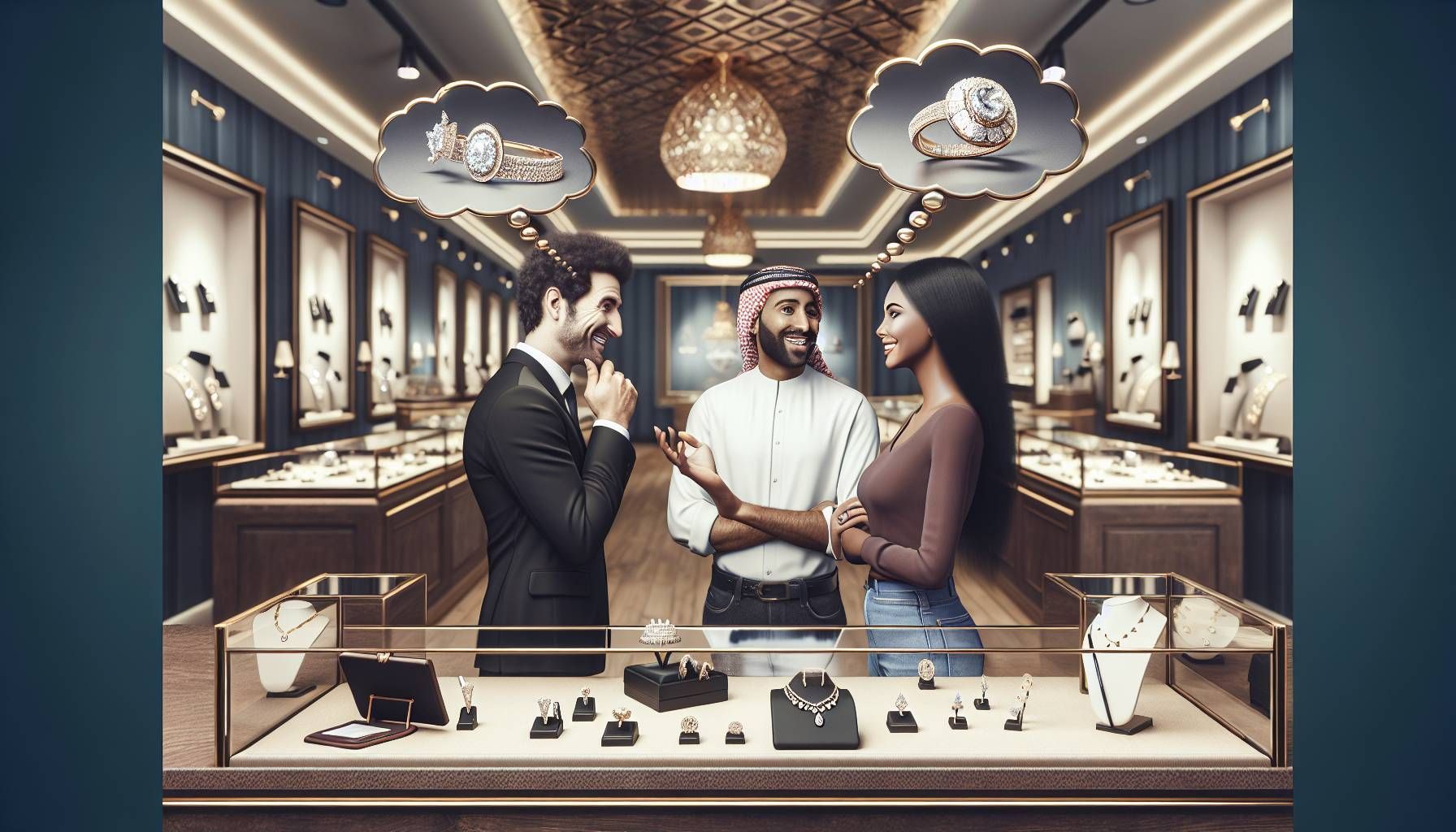 A photo-realistic image of a high-end jewelry store interior. The scene shows a jeweler engaging with a customer, both smiling and engaged in conversation. The jeweler is asking open-ended questions, displayed through thought bubbles around them. The store is elegantly designed with display cases showcasing stunning jewelry pieces like diamond rings and gold necklaces. Warm lighting enhances the luxurious atmosphere, and soft textures in the background evoke a welcoming environment. Include subtle elements like a note pad and pen to suggest the importance of gathering feedback.