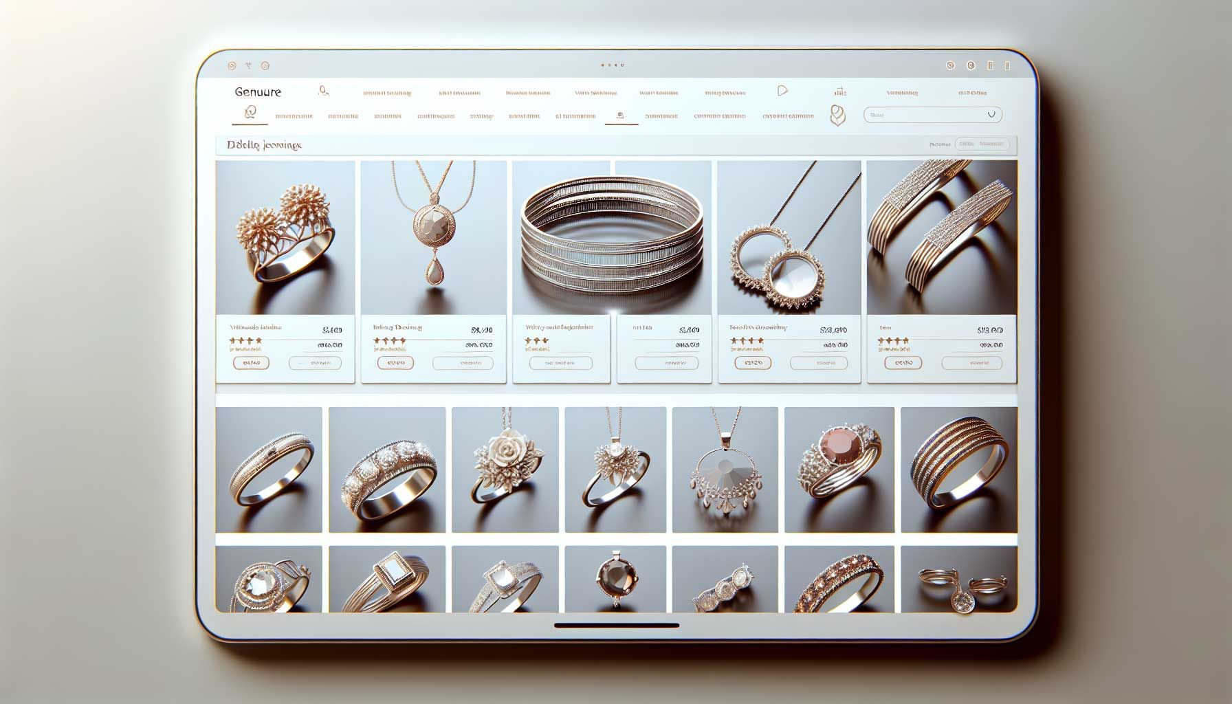 A beautifully designed jewelry product page featuring a collection of elegant rings and necklaces. The page showcases high-quality images of jewelry pieces on a clean white background, emphasizing their intricate details and craftsmanship. Each jewelry item has a well-organized layout with detailed descriptions, prices, and customer reviews displayed, alongside a responsive design that looks perfect on both desktop and mobile devices. The atmosphere conveys a sense of luxury and elegance, attracting potential customers with a seamless browsing experience.