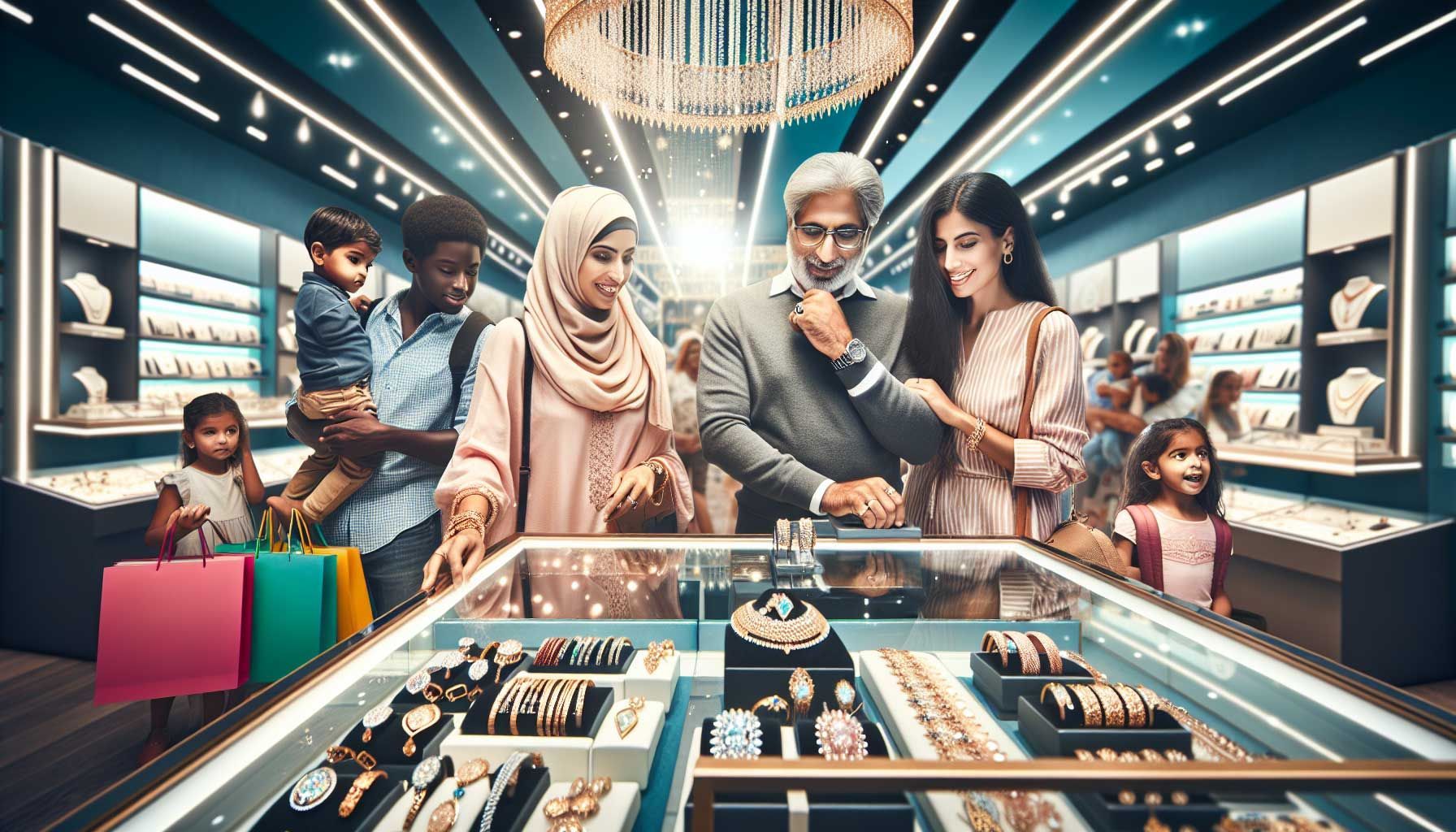 A vibrant and engaging landscape image depicting a jewelry store display during the Back to School season. The display features elegant jewelry pieces like bracelets and necklaces attracting parents and students. In the background, colorful school supplies are subtly incorporated, blending themes of education and fashion. Bright lighting highlights the jewelry, while a serene atmosphere communicates elegance and excitement. The scene is bustling with happy customers, showcasing families shopping together.