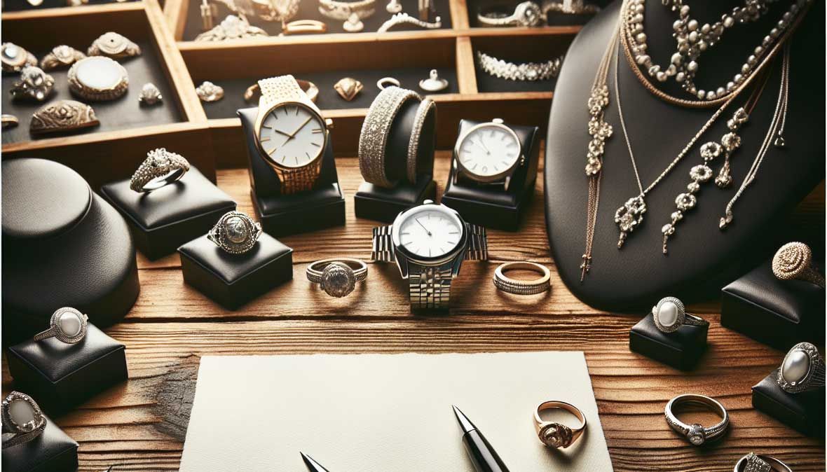 A beautifully arranged jewelry display featuring wedding rings, watches, and elegant necklaces on a polished wooden table. The background captures the warm glow of a jeweler's workshop with tools and materials subtly visible. This scene reflects the craftsmanship and luxury of the jewelry industry while appealing to jewelers aiming to enhance their sales and product offerings.