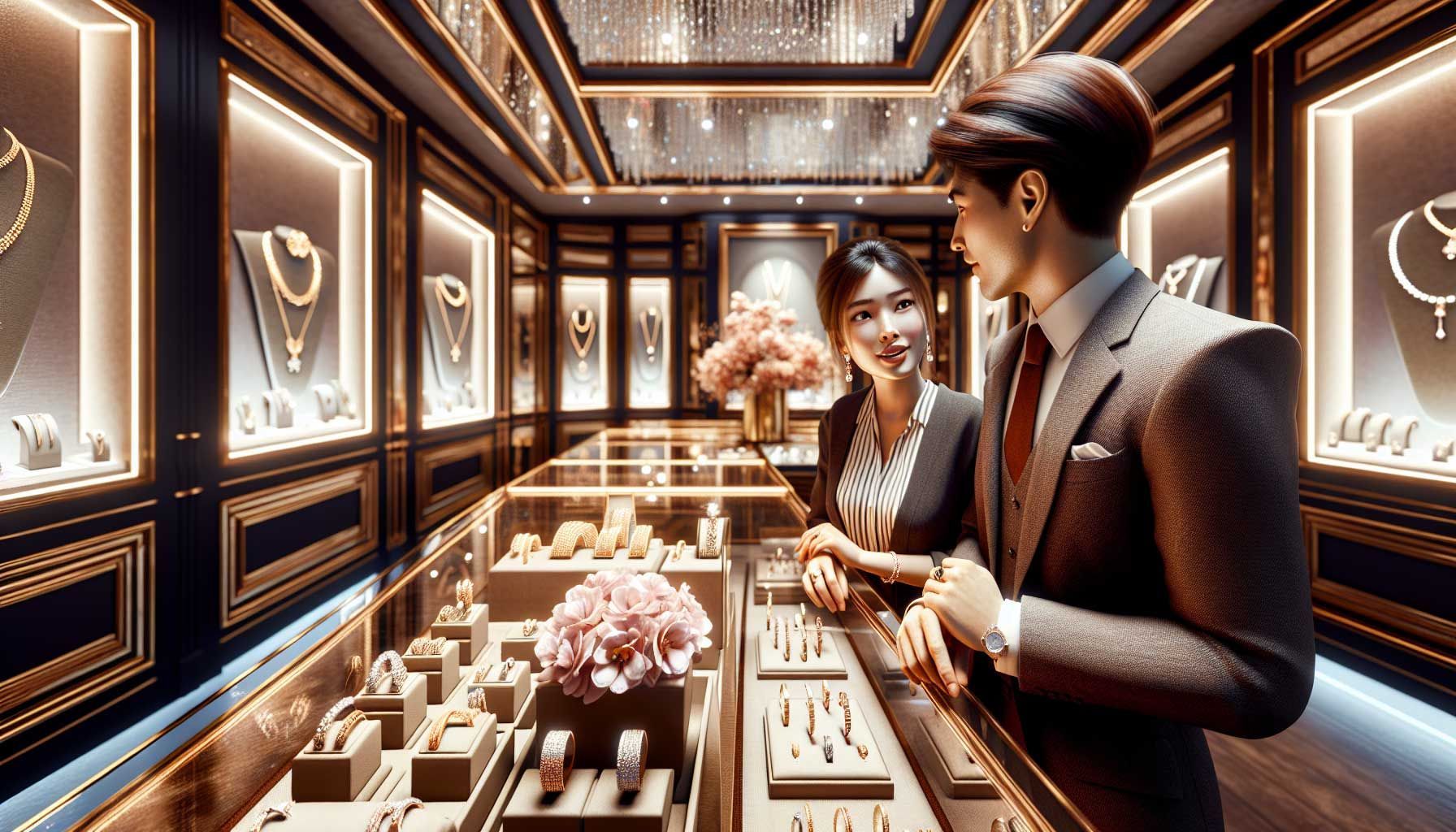 A photo-realistic image of a luxurious jewelry store interior, featuring elegant displays of rings, necklaces, and bracelets. The scene includes a well-dressed jeweler engaging warmly with a customer, showcasing the personal connection and follow-up service. Soft lighting highlights the shimmering jewelry, and a beautifully arranged bouquet of flowers on the counter symbolizes appreciation. The atmosphere is inviting and sophisticated, emphasizing the importance of customer relationships in the jewelry industry.