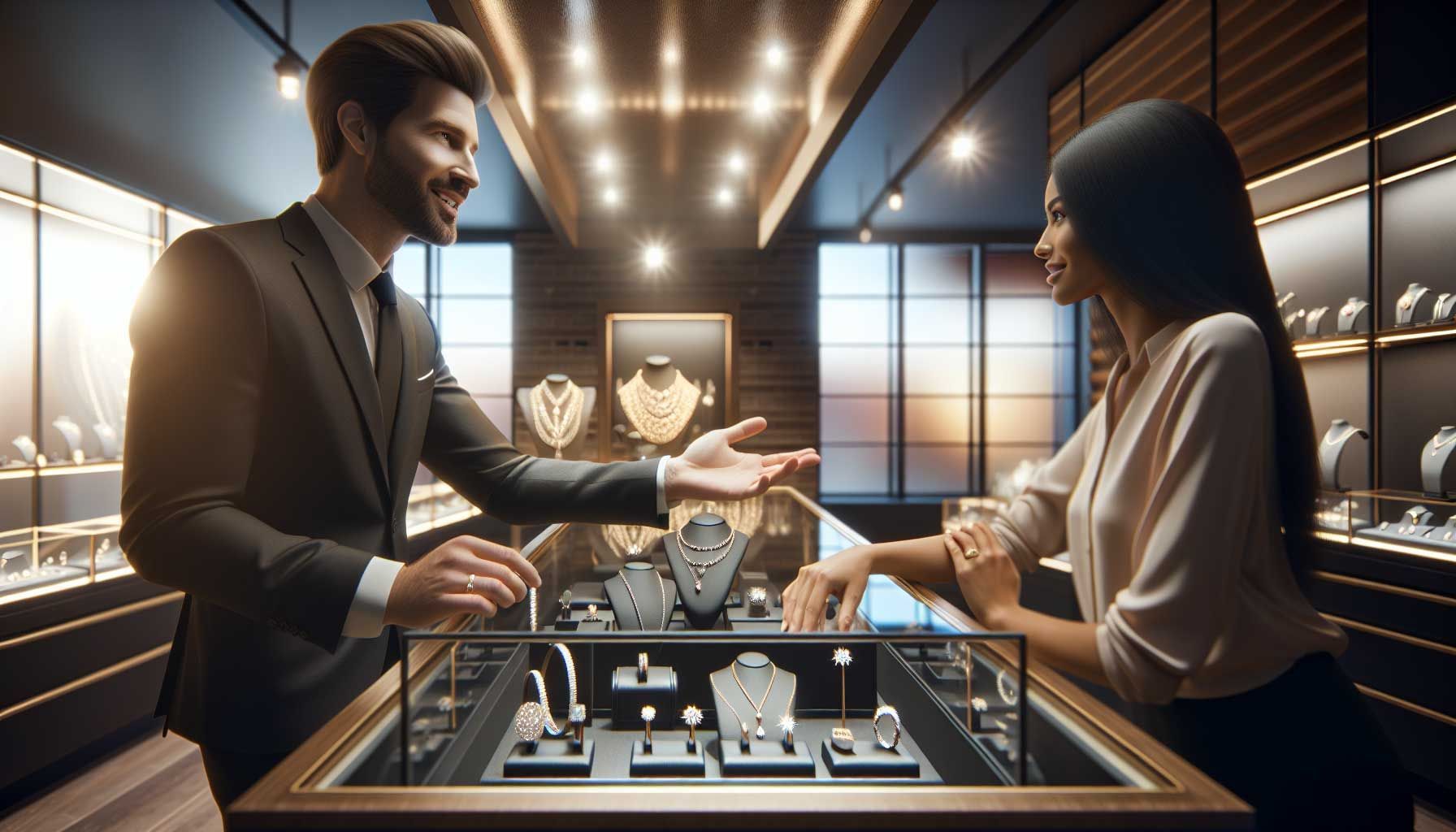 A modern jewelry store interior featuring a friendly salesperson interacting with a customer. The salesperson displays open body language, maintains eye contact, and uses gestures while showing sparkling jewelry pieces. Luxurious displays of rings, necklaces, and bracelets are elegantly arranged around them. The lighting is warm and inviting, enhancing the ambience of the store. The scene captures an atmosphere of trust and engagement, emphasizing the importance of body language in the sales process. Realistic details such as reflections in glass displays and textures of fine jewelry complete the image.