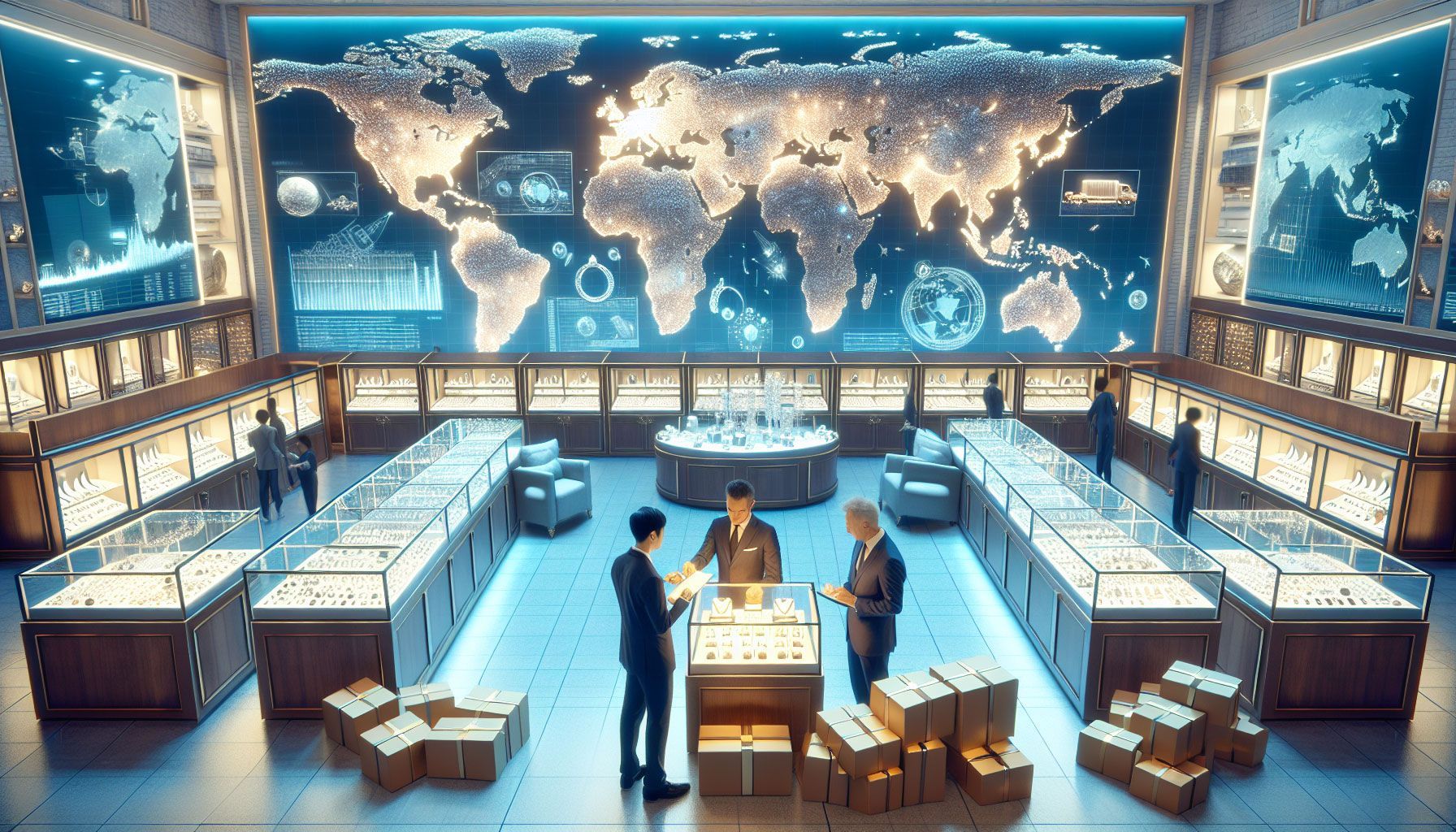 A photo-realistic landscape image depicting an elegant jewelry store with sparkling jewelry on display, a well-organized shipping area in the background with packages ready for international shipping, and world maps visible on the walls highlighting global markets. The scene should convey professionalism, showcasing various jewelry pieces such as rings, necklaces, and bracelets, with a knowledgeable jeweler assisting a customer in understanding shipping and customs processes.