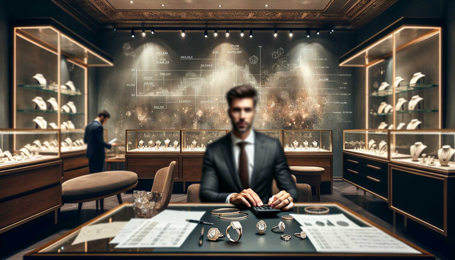 A photo-realistic image of a luxurious jewelry store interior, featuring elegant displays of various fine jewelry pieces like rings, necklaces, and bracelets. The store should be well-lit and inviting, with a focus on a comfortable, upscale atmosphere. In the foreground, a well-dressed jeweler is seen calculating figures on a calculator, surrounded by paperwork showing cost analysis and pricing strategies. The background should have a wall with an abstract chart representing financial growth and break-even points, subtly suggesting the theme of financial planning for jewelers.