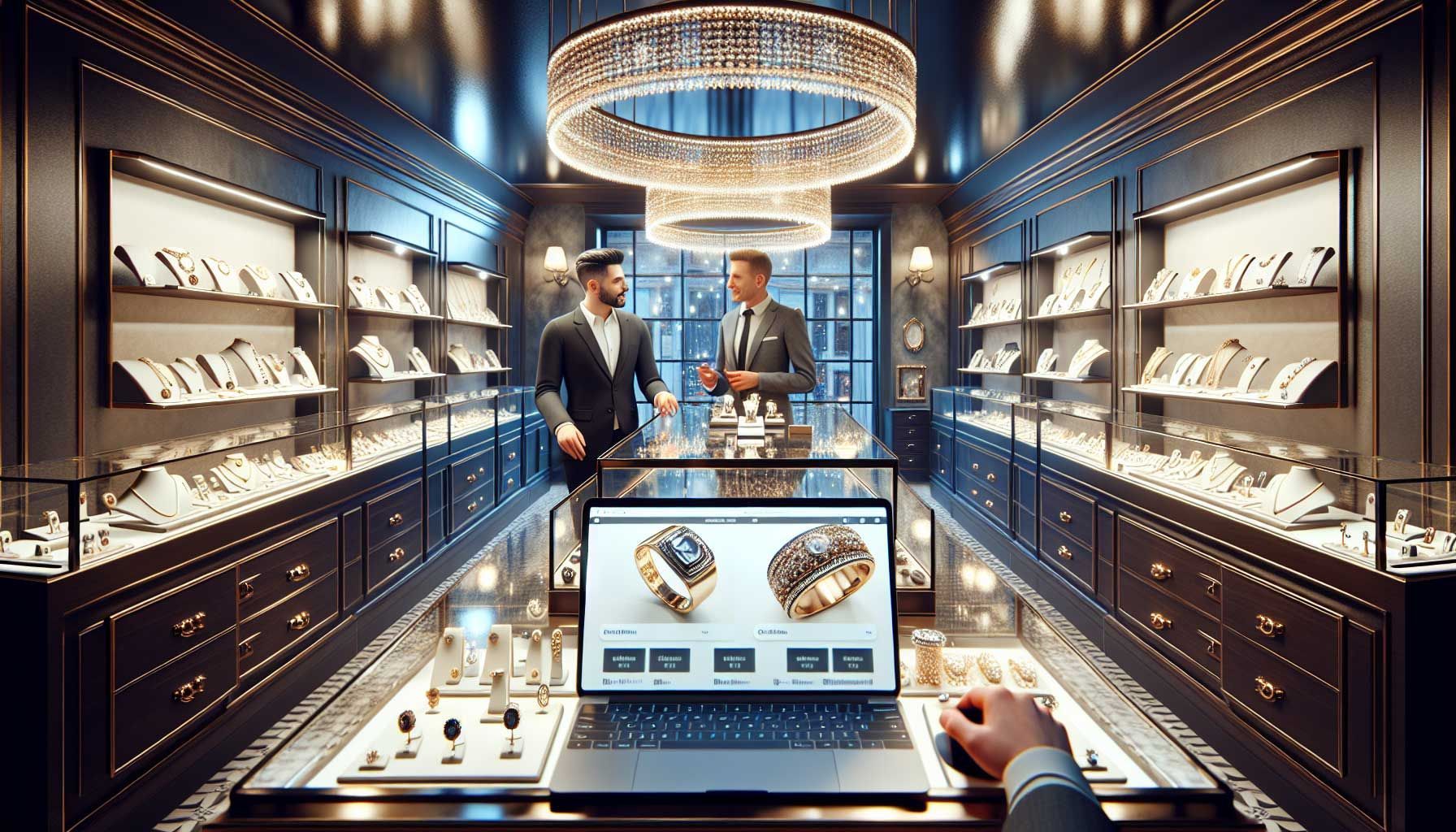 A photo-realistic image of a luxurious jewelry store with a modern, elegantly designed interior showcasing various jewelry pieces such as rings, necklaces, and bracelets. The store has bright lighting reflecting off glossy surfaces, creating a warm and inviting atmosphere. In the foreground, there is a computer display showing an attractive e-commerce website that mirrors the aesthetics of the physical store, symbolizing the bricks and clicks retail concept. A well-dressed jeweler is interacting with a customer, highlighting the personal touch of physical retail combined with the digital presence.