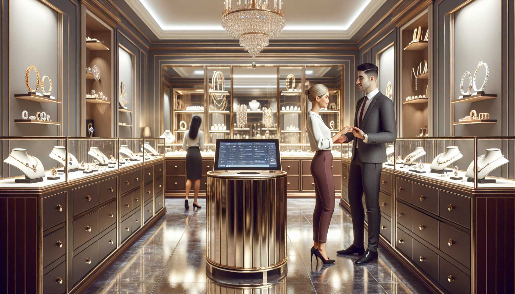 A photo-realistic image depicting a luxurious jewelry store interior with elegant display cases showcasing exquisite jewelry pieces like rings, necklaces, and bracelets. In the foreground, a friendly jeweler is interacting with a customer by a sleek point-of-sale system. The setting includes rich details such as soft lighting, polished floors, and reflections of the jewelry, creating an inviting atmosphere. Include subtle elements that highlight a modern retail point-of-sale interface displaying various functions related to inventory management, customer transactions, and sales analytics.