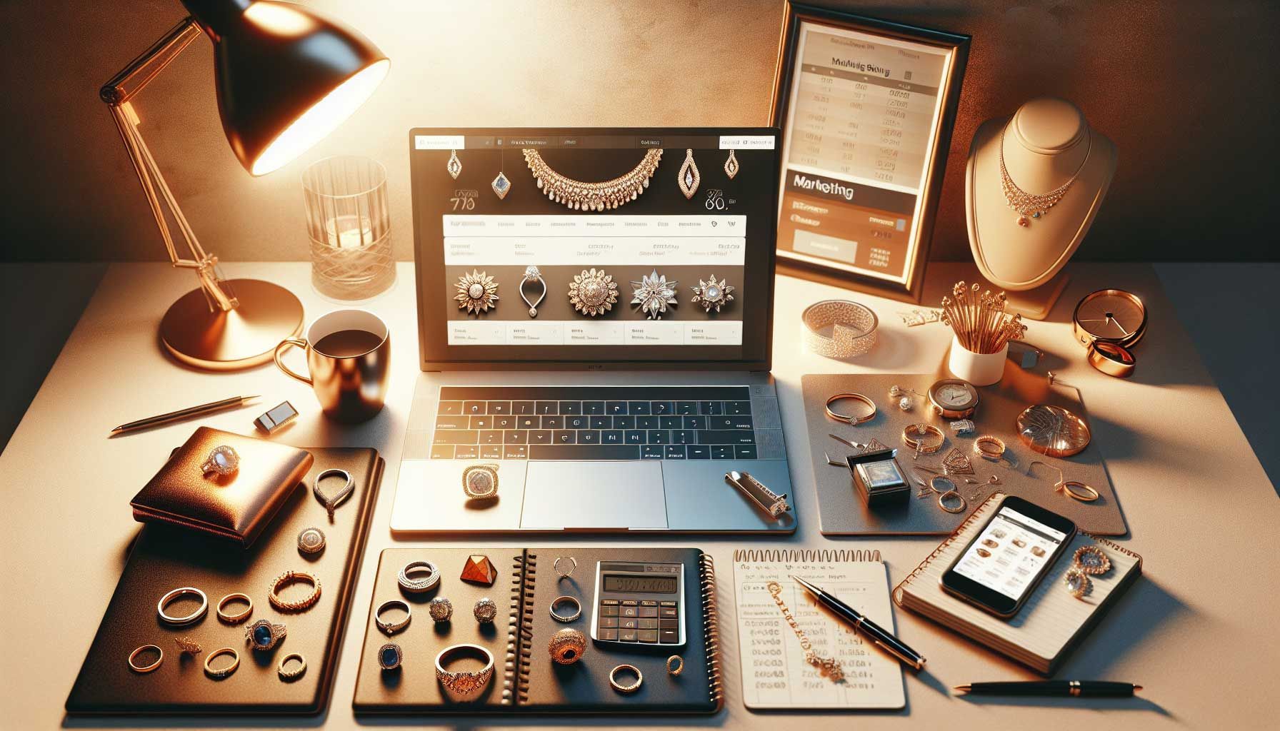 A photo-realistic image of a jeweler’s workspace featuring a sleek laptop open to an e-commerce platform, surrounded by elegant jewelry pieces like rings and necklaces, a notepad with financial calculations, a smartphone displaying marketing strategies, and a calculator. The setting has a warm, professional ambiance with bright lighting highlighting the jewelry. Include elements like a coffee mug, a stylish desk lamp, and a calendar on the wall. The overall color palette should be rich and inviting, emphasizing the luxury of jewelry and the business setting.