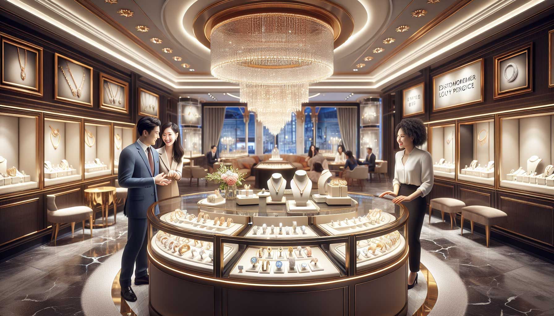 A luxurious jewelry store interior, showcasing elegant displays of sparkling rings, necklaces, and bracelets. The scene includes a warm and inviting atmosphere with soft lighting, showcasing a customer happily receiving personalized assistance from a knowledgeable jeweler. In the background, a sign promotes a customer loyalty program, and a friendly staff member is engaging with a client, illustrating excellent customer service. The overall mood is upscale and welcoming, perfect for attracting repeat customers.