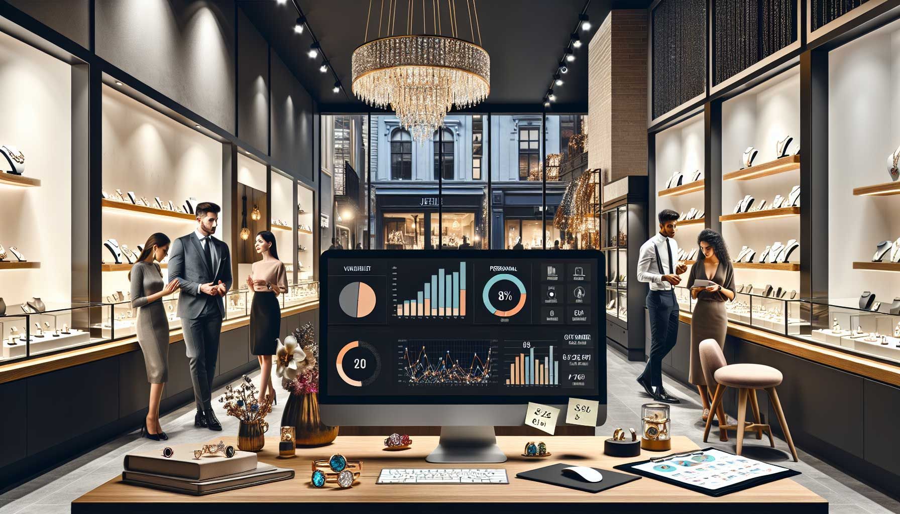 A professional jeweler's workspace with a data-driven personnel planning theme. The scene features a stylish jewelry store with sparkling jewelry displays, a computer screen showing colorful graphs and analytics, and a team of engaged employees collaborating. The ambiance is bright and modern, with elegant decor and an inviting atmosphere. Include elements like a stylish clock showcasing peak hours, customer foot traffic visualizations on the screen, and employees reviewing feedback forms, symbolizing teamwork and flexibility in scheduling.