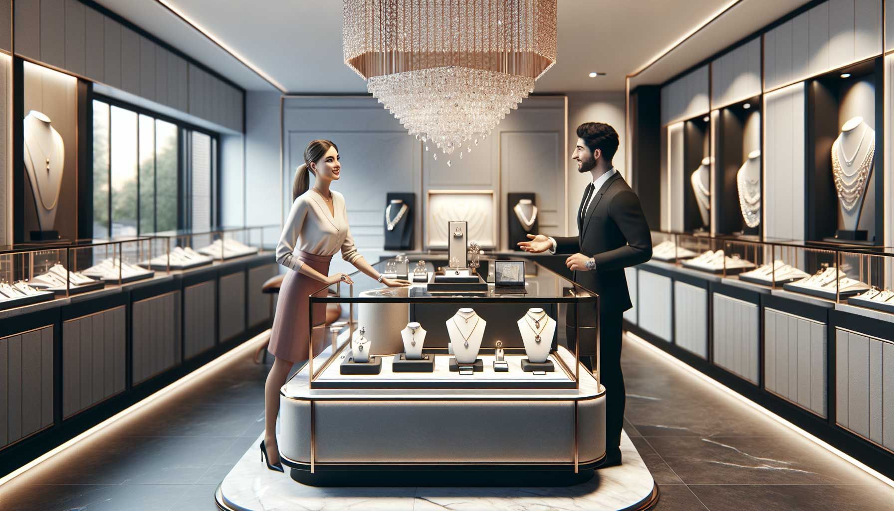 A photo-realistic image of a modern jewelry store interior featuring a well-designed customer service desk, elegant displays of rings, necklaces, and bracelets, and a friendly salesperson assisting a customer. The atmosphere should be inviting and luxurious, showcasing the distinction between customer service and sales roles in a jewelry business. Warm lighting and beautifully arranged products create an elegant ambiance. The image should capture the interaction between a salesperson and a customer, emphasizing the customer experience in a jewelry retail setting.