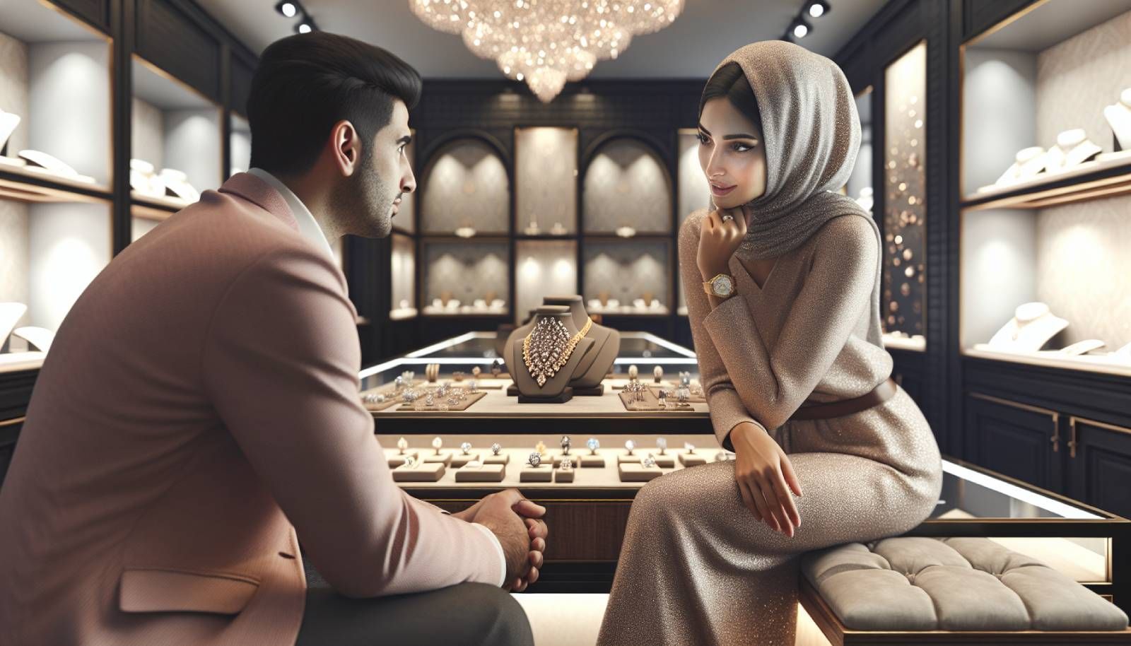 A photo-realistic image showcasing a well-organized, elegant jewelry store interior with a friendly jeweler engaging with a customer. The jeweler is attentively listening and using positive body language, creating a welcoming atmosphere. Display cases featuring sparkling jewels, warm lighting, and comfortable seating should be visible, reflecting an inviting customer experience. The scene conveys professionalism, empathy, and a serene environment, emphasizing effective customer service techniques for dealing with challenging clients in the jewelry industry.