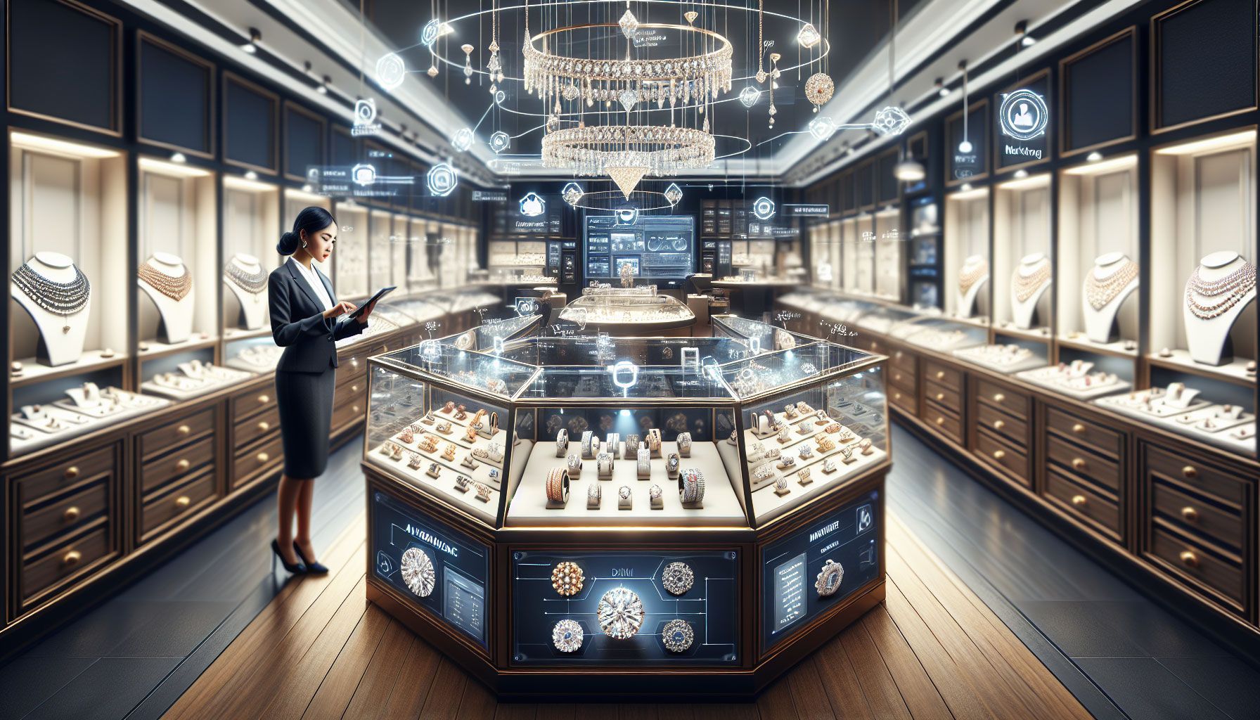 A beautifully arranged jewelry store interior featuring elegant displays of diamond rings, necklaces, and bracelets, with a focus on modern technology. Show a jeweler using a tablet to manage inventory and automated systems, while stylish automated payment and marketing tools are subtly integrated into the background. The atmosphere should be bright and inviting, with rich colors that highlight the luxurious nature of the jewelry, encapsulating the theme of online sales automation for jewelers in a photo-realistic style.