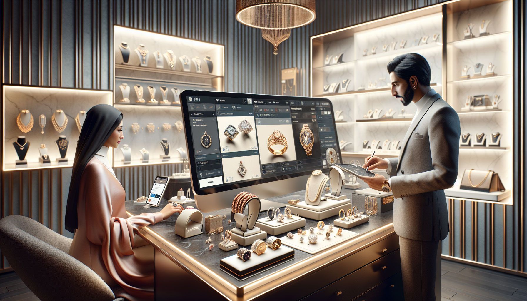 A photo-realistic image of a stylish e-commerce jewelry store setting, showcasing elegantly displayed jewelry pieces (rings, necklaces, earrings) on sleek glass shelves. The background features a modern computer workstation with various e-commerce management tools open on the screen. Soft, warm lighting enhances the luxurious atmosphere, while a jeweler is seen in the foreground engaging with a customer, highlighting excellent customer service. Rich details include intricate jewelry designs, a mobile device showing a marketing campaign, and various security elements symbolizing a secure online transaction environment.