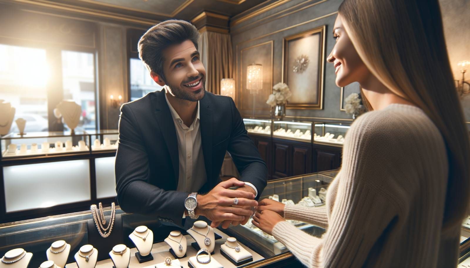 A realistic and vibrant jewelry store interior, showcasing a beautifully arranged display of exquisite jewelry pieces, with a jeweler attentively talking to a smiling customer. The jeweler is displaying empathetic body language, making eye contact, and using inviting gestures. Soft, warm lighting enhances the elegant atmosphere, while the background features tasteful decorations that convey a sense of luxury and emotional connection.