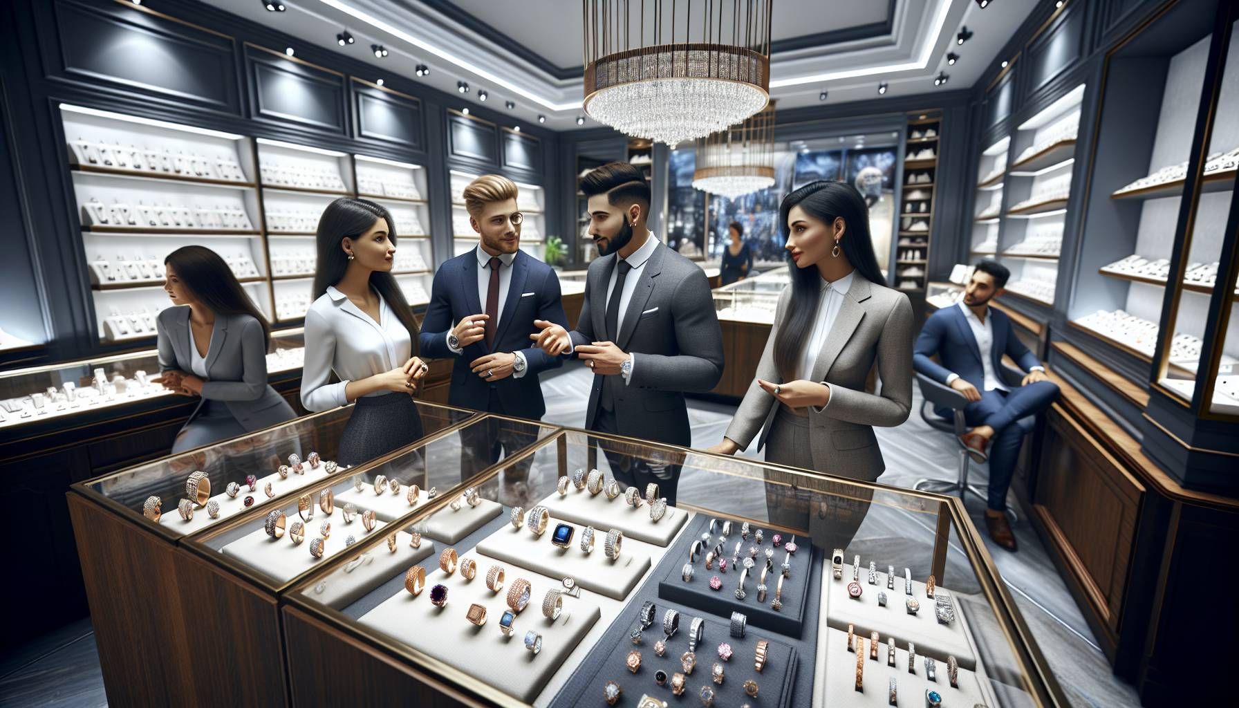 A photo-realistic scene inside an elegant jewelry store, featuring a well-dressed sales team engaged with customers. The store showcases luxurious displays of rings, necklaces, and watches, with attentive staff members demonstrating jewelry pieces to clients. The atmosphere is bright and welcoming, emphasizing teamwork with visuals of staff collaborating and discussing strategies. Technology like tablets or POS systems is subtly incorporated, indicating a focus on modern tools. A creative and dynamic environment that reflects training, customer engagement, and teamwork in the jewelry retail context.