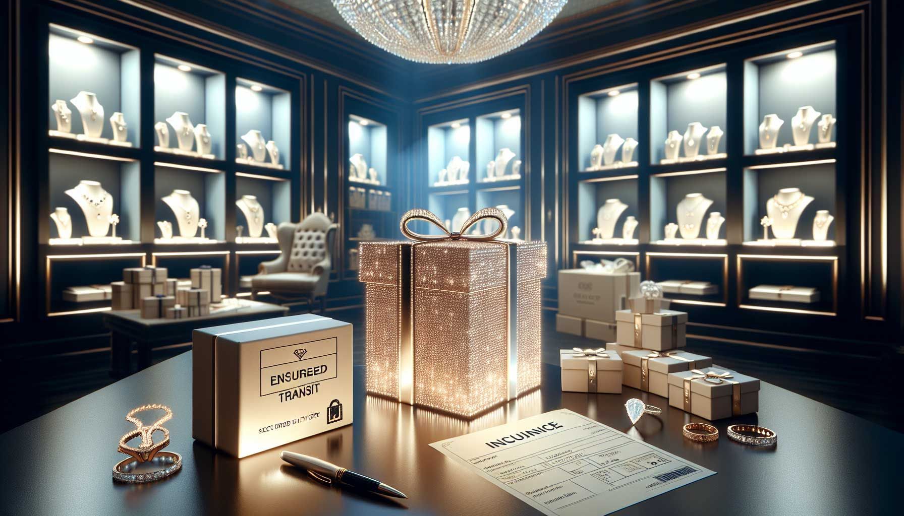 A luxurious jewelry store interior showcasing a variety of exquisite, sparkling jewelry pieces displayed elegantly under soft lighting. In the foreground, a beautifully wrapped jewelry box with a security tag and insurance document beside it, symbolizing insured shipping. The background features a sleek shipping box with a high-security seal, emphasizing safe delivery. The atmosphere conveys trust, care, and sophistication, ideal for jewelers engaged in the luxury jewelry market.