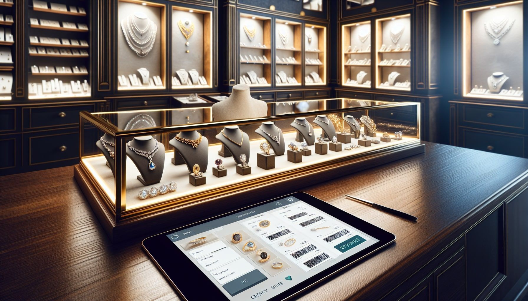 A beautifully arranged display of luxurious jewelry, featuring an array of precious stones and metals, like diamonds, gold, and silver. The setting is a well-lit, elegant jewelry store with a polished wooden counter and a sophisticated inventory management software interface visible on a tablet or screen. Each piece of jewelry is clearly labeled with barcodes, demonstrating effective inventory management. Soft light reflects off the jewelry, enhancing the allure and making it appealing to a jeweler's business context. The atmosphere conveys a sense of professionalism, organization, and customer satisfaction.