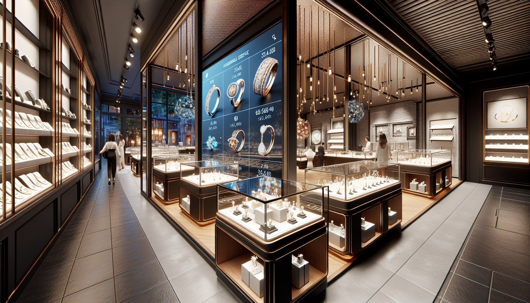 A stunning display of rare and valuable jewelry pieces showcased elegantly on a velvet-lined table in a well-lit jewelry store. The image features exquisite diamond rings, sparkling necklaces with colorful gemstones, and intricate bracelets, all artfully arranged to highlight their beauty. In the background, a secure glass display cabinet can be seen, symbolizing safety and security for valuable items. The ambiance is luxurious and inviting, perfect for jewelers looking to manage and showcase their collections effectively.