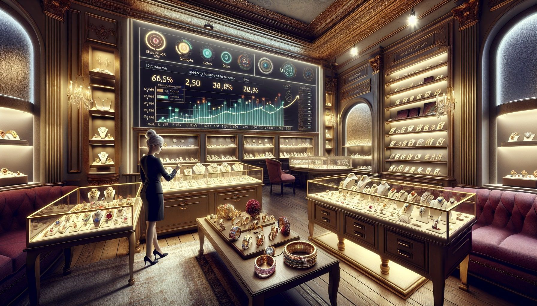 Une image photo-réaliste d'une élégante bijouterie pendant un événement promotionnel, avec des bijoux magnifiquement exposés dans des vitrines de luxe, entourés de clients attentifs. La boutique est agréablement éclairée et possède une grande affiche avec "Promotion" et des décorations attrayantes correspondant à l'événement. L'environnement dégage une atmosphère professionnelle et accueillante, avec une attention aux détails tels que des vitrines brillantes et des boîtes à bijoux colorées.
