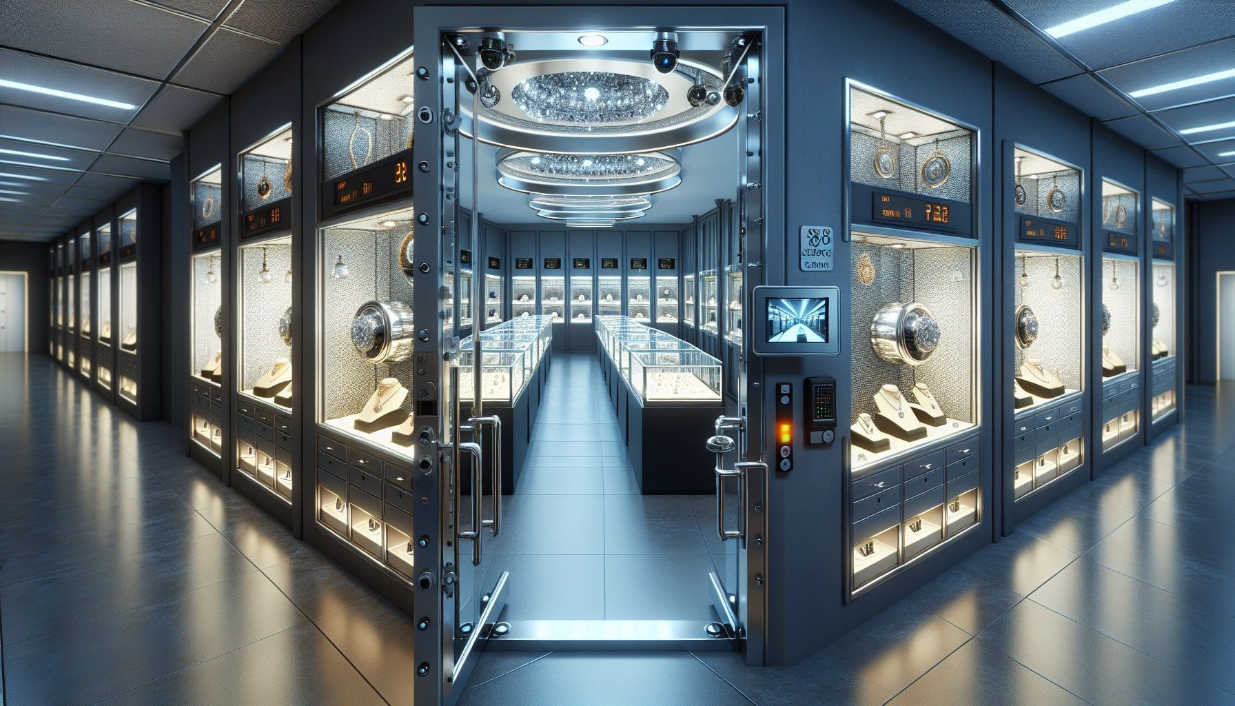 A well-organized jewelry warehouse with modern temperature and humidity monitoring equipment, showcasing a sleek air humidifier and a digital hygrometer on a shelf. The setting is bright and airy, featuring elegantly displayed jewelry in glass cases, reflecting high-quality materials like gold and diamonds. The warehouse has clear labels for temperature and humidity zones, with a digital display showing ideal conditions. There are green plants in the corners to indicate a fresh environment. The overall mood is professional and sophisticated, emphasizing the importance of environmental control for preserving valuable inventory.