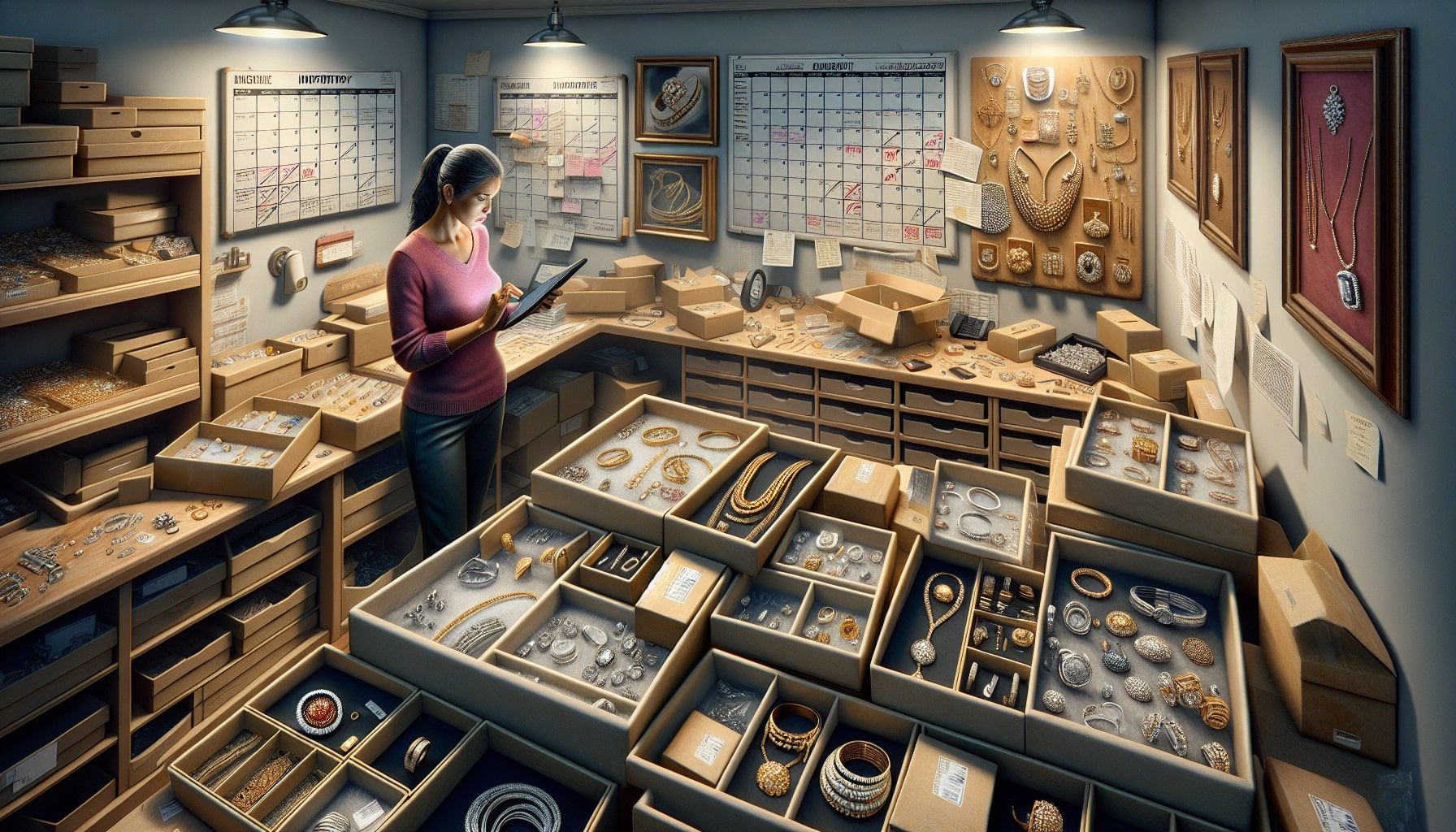 A photo-realistic landscape image depicting a jeweler's workshop with a jeweler discussing stock management with suppliers in a bright, elegant setting. The scene includes luxurious jewelry displays, detailed diamonds and gemstones, charts and data analytics on a table, and a collaborative atmosphere showcasing effective communication. The suppliers are portrayed as attentive and engaged, embodying the partnership spirit, with a backdrop of a beautiful, well-organized workspace that reflects the importance of inventory optimization.