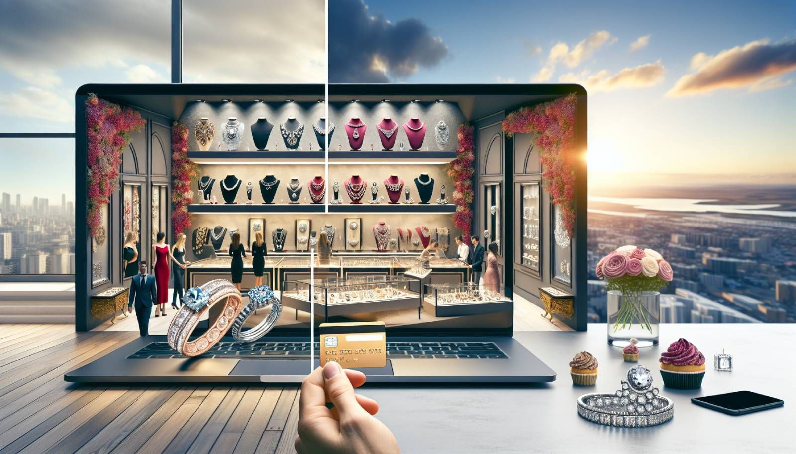 A split landscape image showing the contrasting environments of a luxurious physical jewelry store and a sleek online jewelry shopping experience. The left side features an elegant and inviting jewelry boutique with decorative display cases, sparkling rings, necklaces, and attentive staff assisting customers. The right side showcases a modern laptop on a stylish desk, displaying a vibrant online jewelry shopping website with various high-quality images of jewelry pieces, and a hand holding a credit card ready to purchase. The overall setting should evoke feelings of luxury, accessibility, and choice, appealing to jewelers considering both retail approaches.