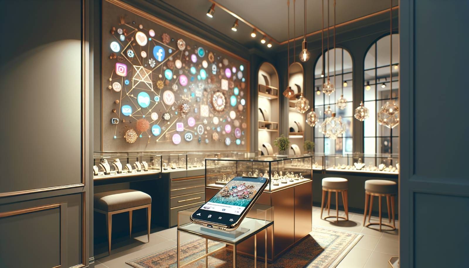 A photo-realistic landscape image of a luxurious jewelry website on a laptop screen, surrounded by elegant jewelry pieces displayed on a velvet display case. The background features a chic jewelry store interior with soft lighting, showcasing beautiful rings, necklaces, and bracelets. Include a touch of greenery with a small potted plant on the table, and an open notebook with handwritten notes about customer engagement strategies. The overall atmosphere is sophisticated, inviting, and reflects a modern online shopping experience for jewelry.