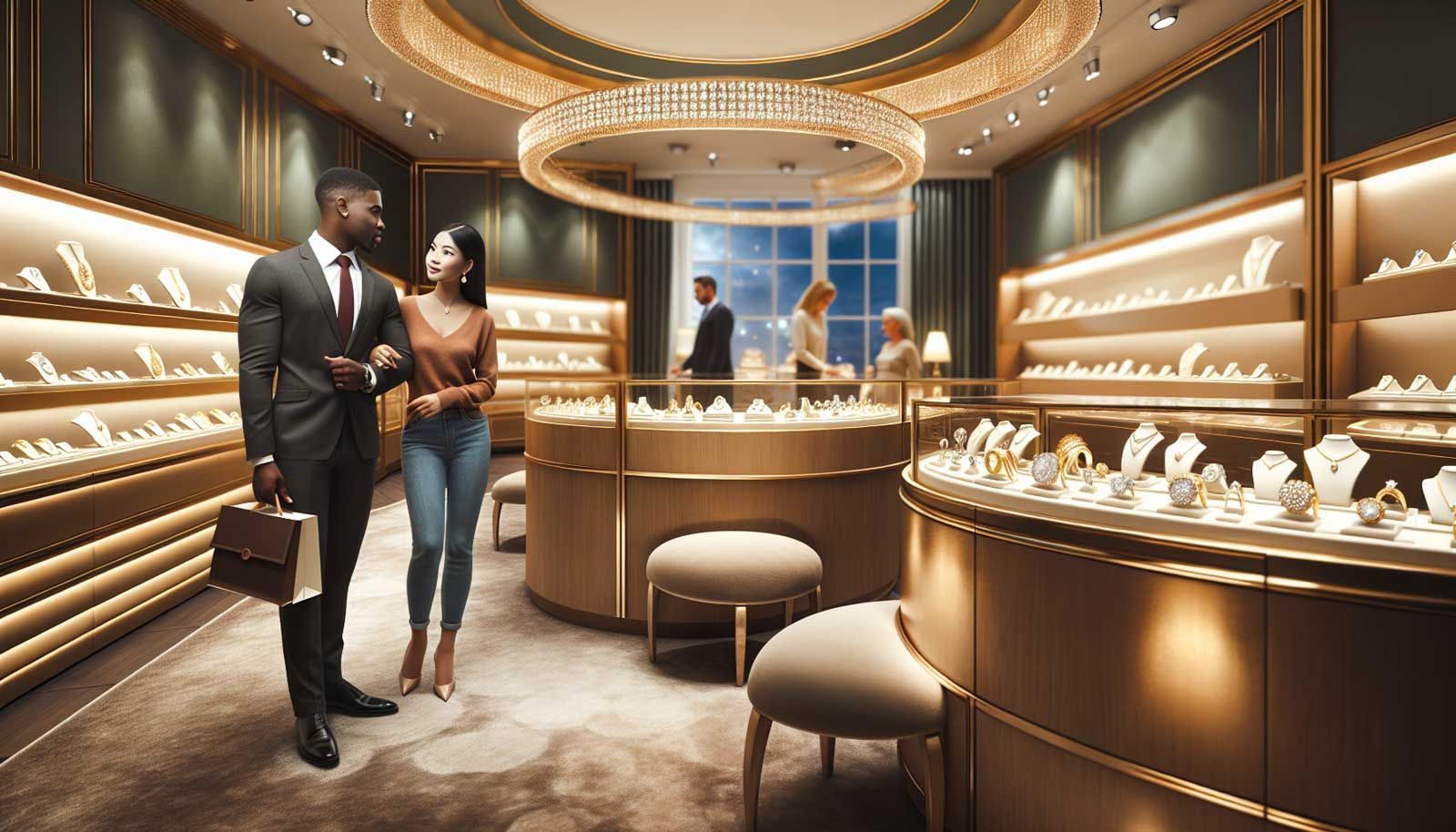 A luxurious jewelry store interior showcasing a stunning display of high-end jewelry. Beautifully lit with soft, warm lighting highlighting diamond rings, gold necklaces, and elegant earrings. The environment conveys sophistication and exclusivity, with plush carpets and polished wooden showcases. In the background, a knowledgeable salesperson engages warmly with a couple considering their first luxury jewelry purchase, illustrating the personal connection and exceptional customer experience emphasized in the article. Visually striking and inviting, reflecting the essence of luxury jewelry shopping.