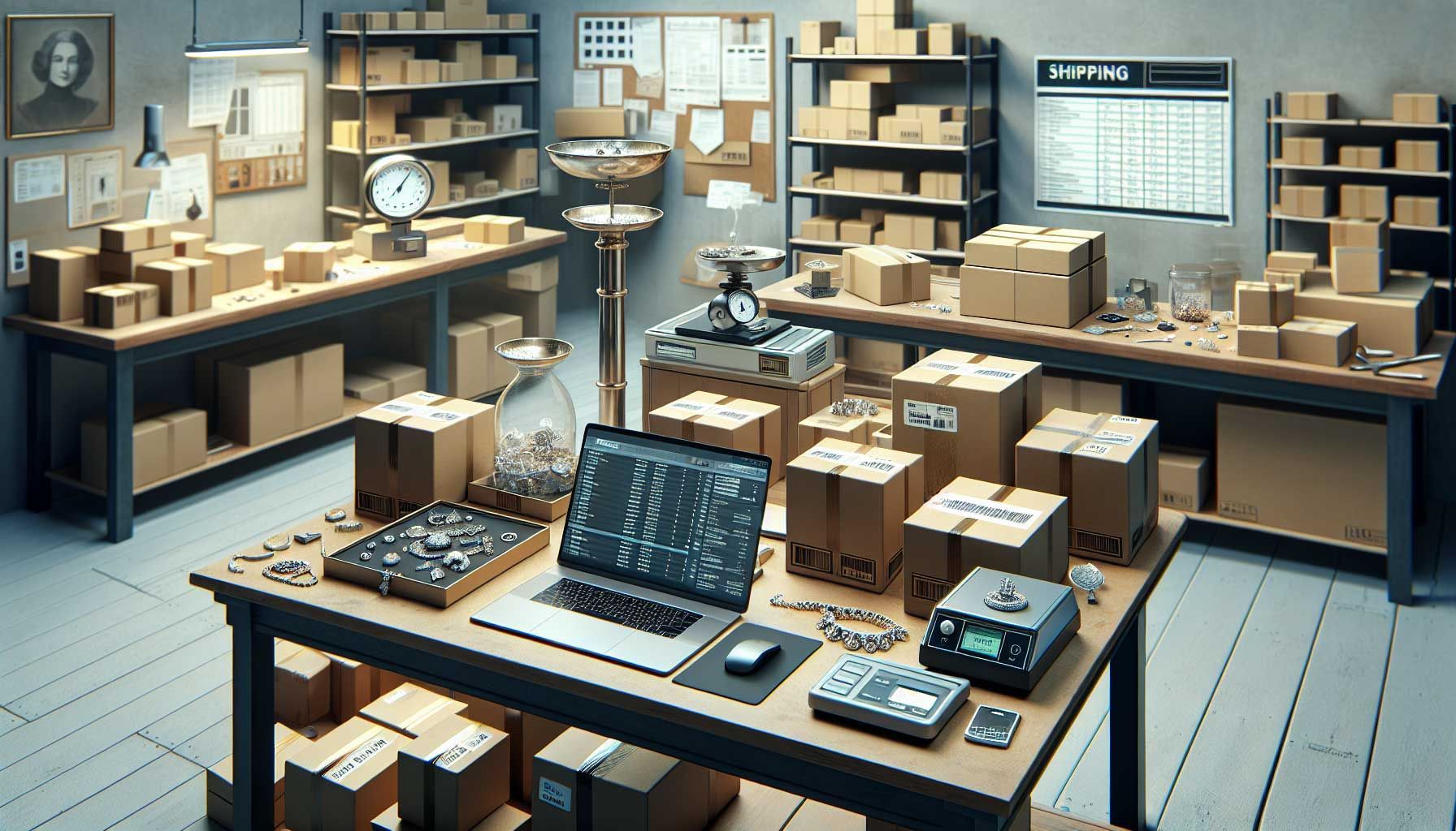 A photo-realistic image depicting a jeweler's workspace with neatly organized packaging materials, including sturdy boxes and protective materials for shipping. In the background, there are shipping labels, a scale for weighing packages, and a computer displaying tracking information. The setting is bright and clean, reflecting professionalism and attention to detail in the jewelry shipping process, emphasizing the importance of handling lost or damaged packages carefully.