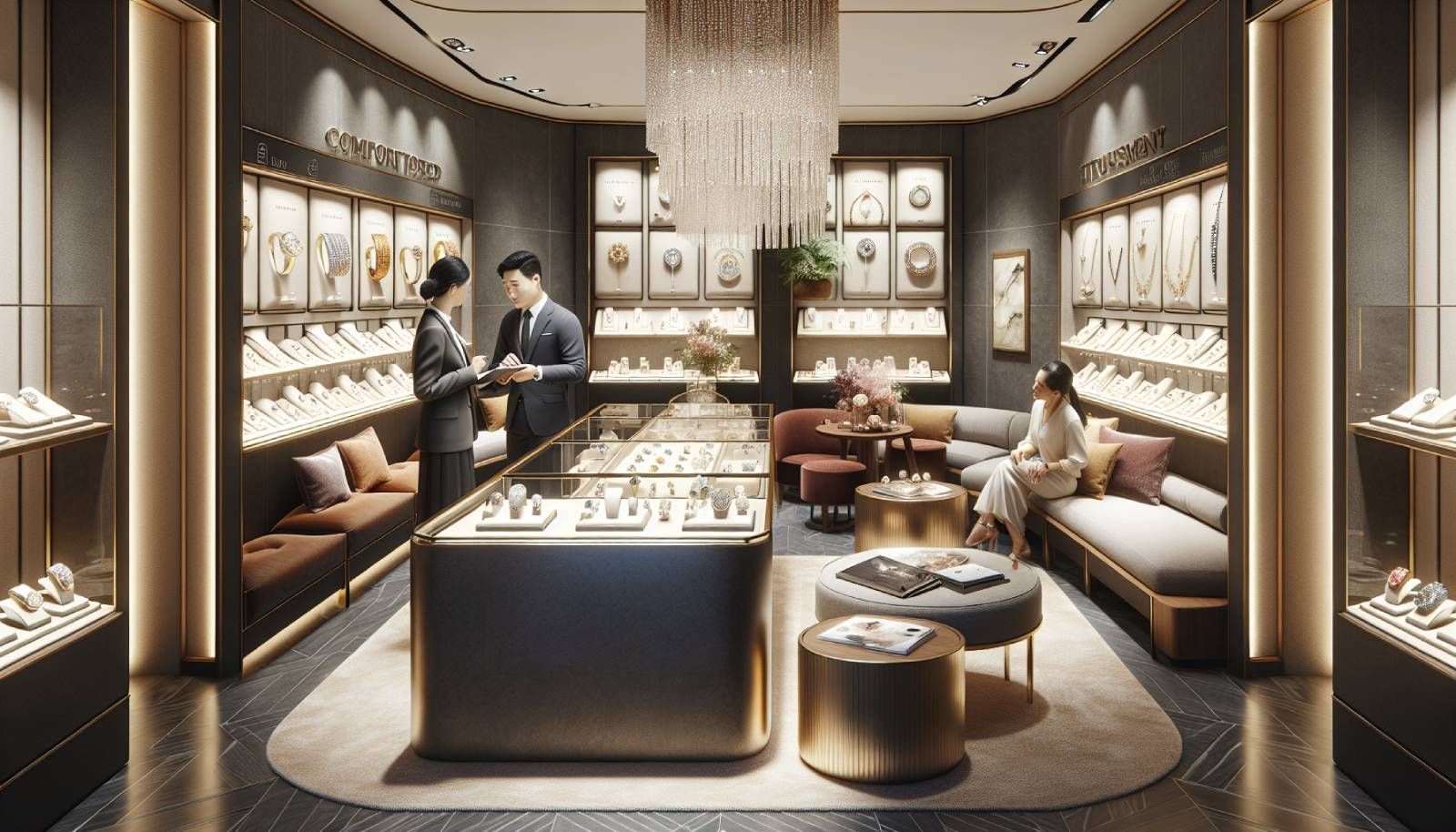 A photo-realistic image of a luxurious jewelry store interior, featuring elegant displays of various high-end jewelry pieces such as rings, necklaces, and bracelets. The scene captures a jeweler engaged in a personalized consultation with a customer, showcasing a warm and inviting atmosphere with soft lighting, comfortable seating, and a beautifully arranged layout. There is an educational element, with visual aids like brochures about gemstones on the counter, and ambient touches like a coffee station to emphasize a relaxed shopping experience. The jewelry is sparkling, attracting attention, and the overall setting reflects sophistication and trust.