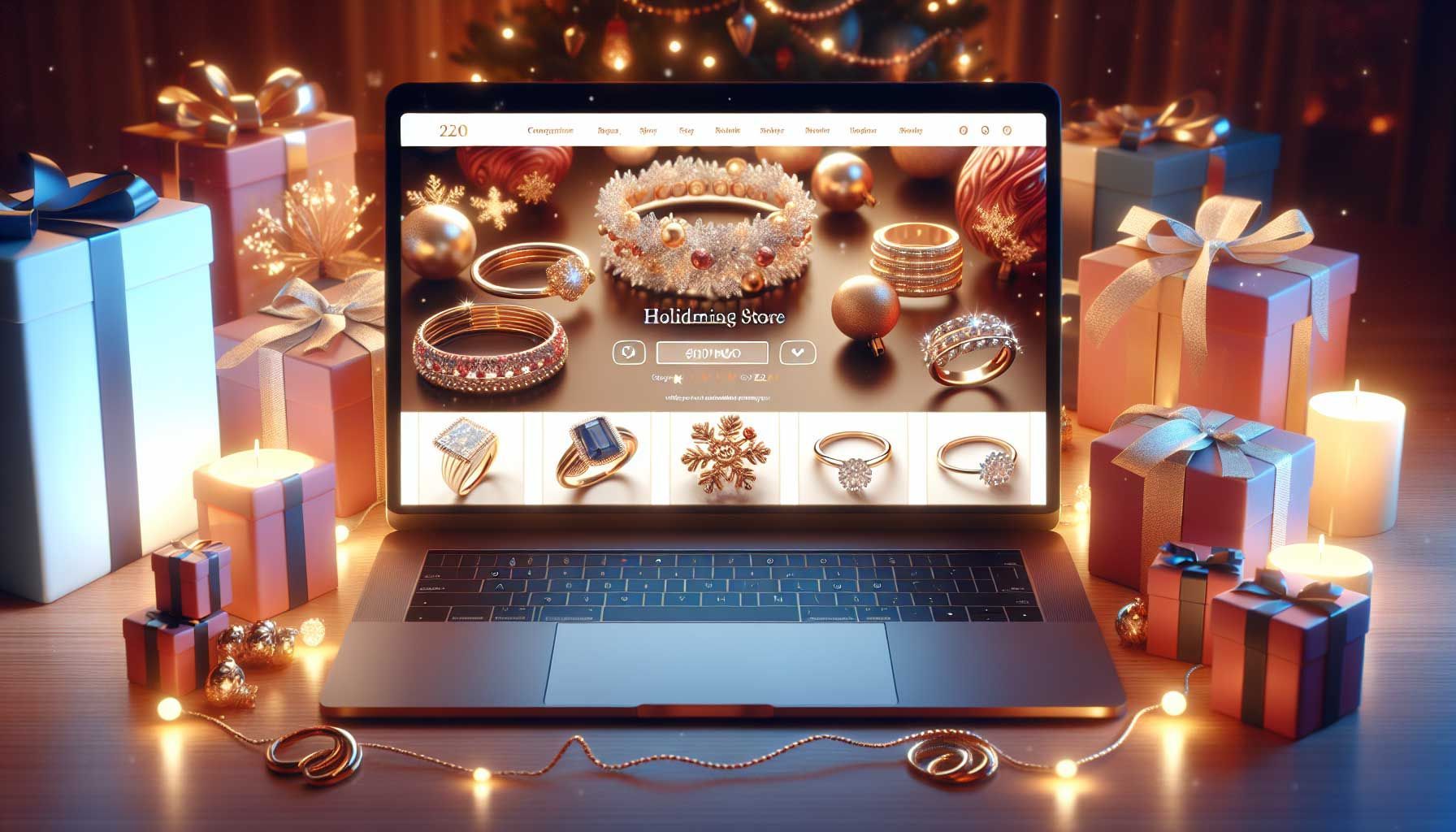 A festive and elegant online jewelry store, showcasing beautifully arranged holiday-themed jewelry pieces like rings, necklaces, and bracelets. The background is adorned with subtle holiday decorations, including soft lights and gift-wrapped boxes. The website interface displayed on a modern laptop shows a well-optimized webpage for mobile use, featuring attractive banners for holiday sales and a countdown timer for special offers. The overall atmosphere is warm and inviting, emphasizing the holiday spirit and encouraging customers to shop for gifts.