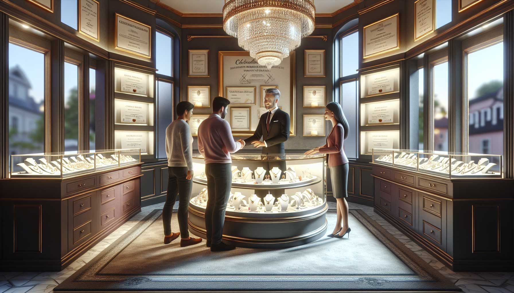 A photo-realistic image of a beautiful jewelry store interior, showcasing elegant display cases filled with sparkling gemstones and fine jewelry. In the foreground, a friendly jeweler is engaging with customers, demonstrating transparency and honesty in the selling process. The ambiance is warm and inviting, with soft lighting highlighting the intricate details of the jewelry. A small section displays certificates of authenticity and ethical sourcing information, emphasizing the importance of trust in the jewelry business.