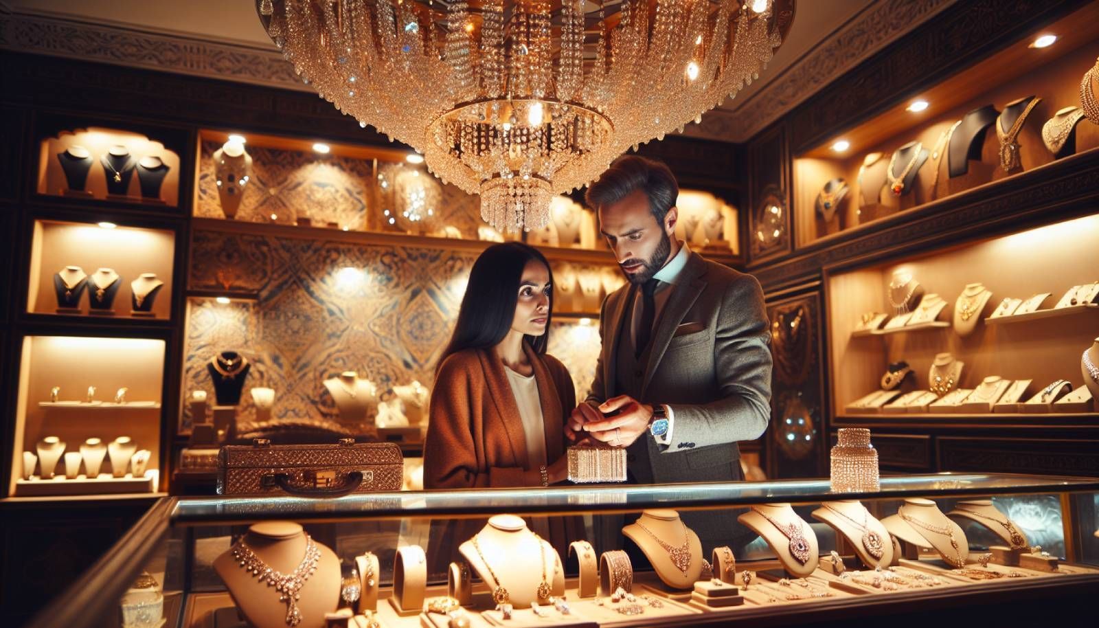 A luxurious jewelry store interior, elegantly designed with sparkling displays of fine jewelry, under warm, inviting lighting. A jeweler is attentively engaging with a customer who appears curious yet hesitant, showcasing various pieces. The atmosphere is comfortable and welcoming, with beautiful decorations and a sense of sophistication present.