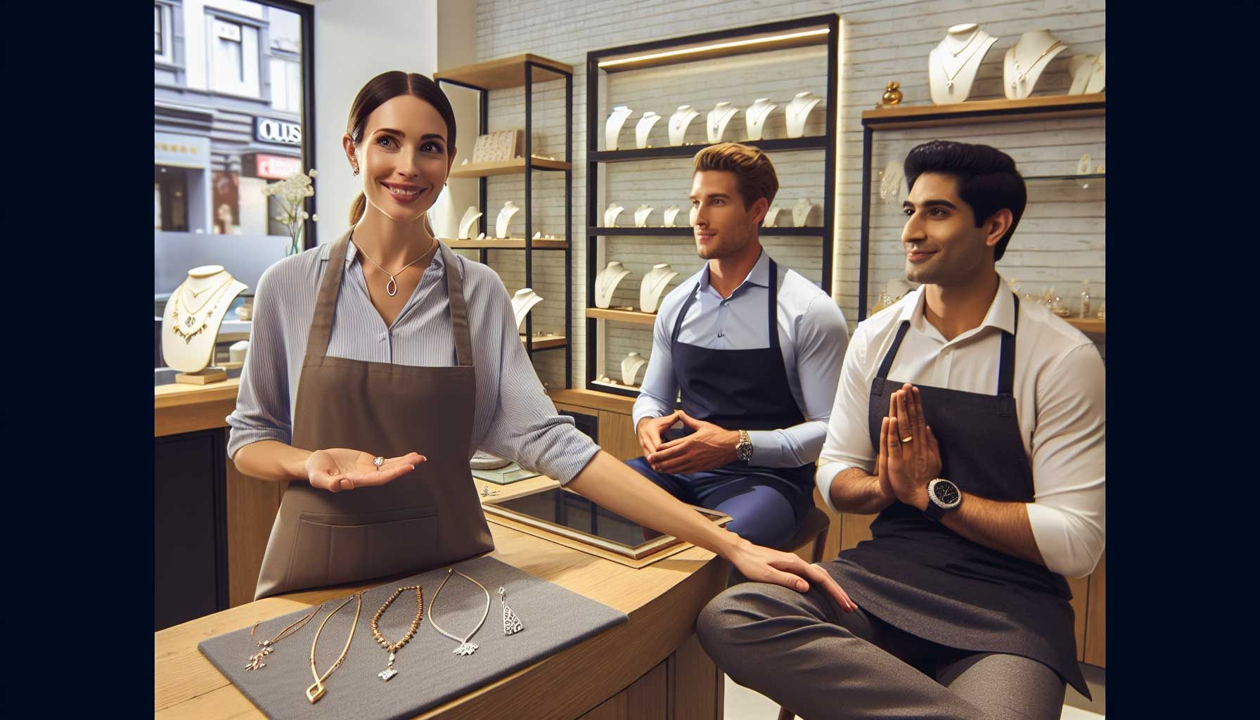 A photo-realistic image depicting a calm and professional jeweler in a stylish jewelry shop, engaged in a positive interaction with a customer. The jeweler is wearing a neat apron, smiling gently while maintaining eye contact with the customer, who looks attentive and reassured. The shop is beautifully decorated with elegant displays of jewelry, reflecting a warm yet professional ambiance. A subtle hint of stress management can be seen through a serene corner with a small meditation area in the background, showcasing a balance between professionalism and self-care. The scene conveys an atmosphere of effective communication and teamwork, centered around maintaining customer satisfaction under pressure.