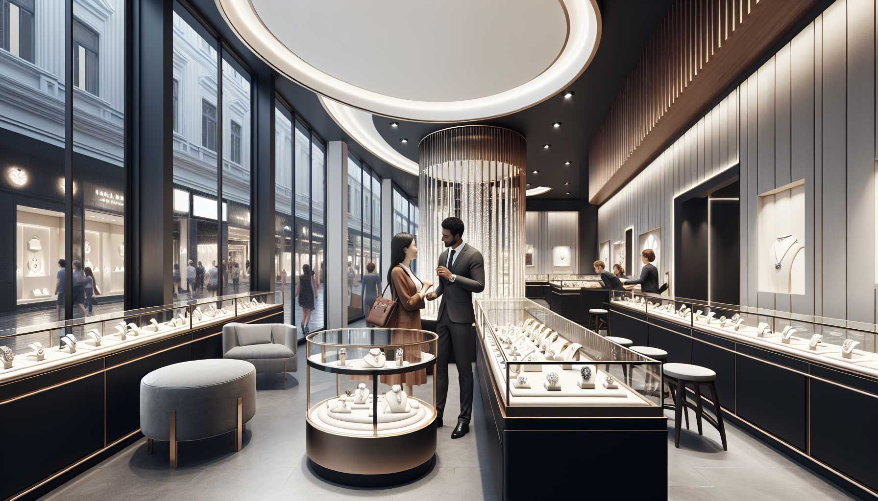 A stylish jewelry store interior, elegantly showcasing a variety of fine jewelry pieces in glass display cases. Soft, ambient lighting highlights the craftsmanship, while a consultation area features a jeweler engaging with a customer, attentively listening to their feedback. The backdrop includes a large window with a view of customers walking by, reflecting a vibrant street scene. The atmosphere exudes professionalism and customer-centric service, with modern decor that emphasizes elegance and quality.