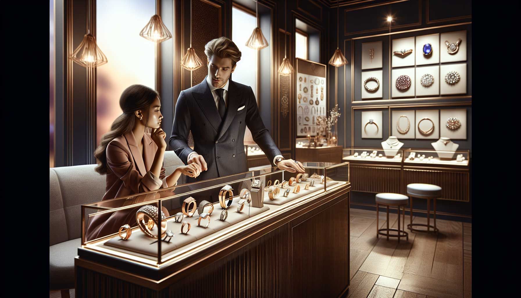 A luxurious jewelry store interior, showcasing elegant displays of fine jewelry, including diamond rings and gold bracelets, with a well-dressed jeweler attentively assisting a customer who appears thoughtful and contemplative. Soft, warm lighting enhances the rich colors of the jewelry, and moodboards and visuals of alternative styles can be seen in the background. The atmosphere conveys an inviting and professional environment, perfect for making confident decisions.