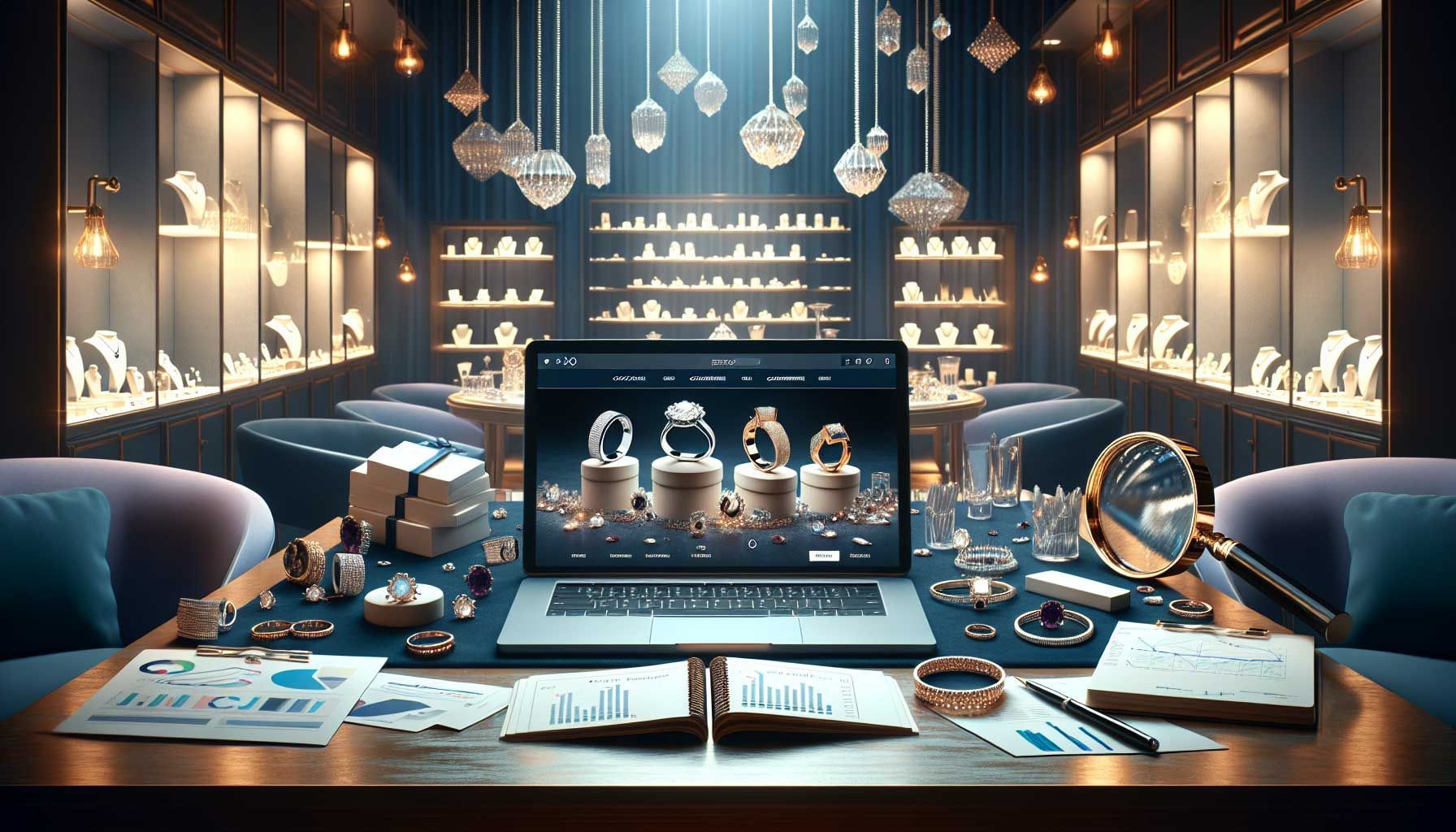 A visually striking and informative landscape image depicting a modern e-commerce jewelry marketplace scene. The image should show elegantly designed jewelry pieces displayed on a sleek website interface on a laptop, surrounded by notepads, charts, and analytical tools representing data on competitor analysis. The backdrop should imitate a stylish jewelry store with soft lighting and an array of sparkling gemstones and rings. Include elements that symbolize learning and innovation, like a magnifying glass focusing on a chart, signifying market research and competitive analysis. The style should be photo-realistic with rich colors that enhance luxury and sophistication.