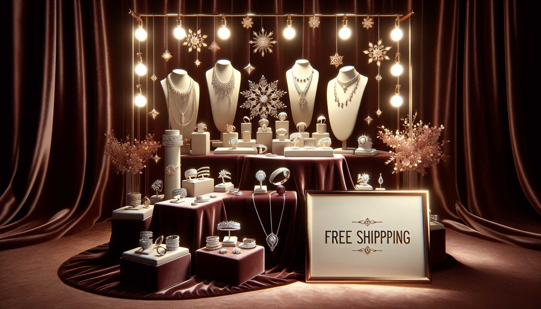 A beautifully arranged jewelry display featuring elegant rings, necklaces, and bracelets on a soft velvet background. In the foreground, a sign reads "Free Shipping Available!" to emphasize the promotional aspect. The setting exudes luxury, with soft lighting highlighting the shine of the jewelry. There are subtle seasonal elements, like a delicate snowflake or a leaf, suggesting a festive atmosphere, which can appeal to different marketing campaigns. The overall composition should convey a feeling of elegance, trust, and customer-centric service in the jewelry industry.