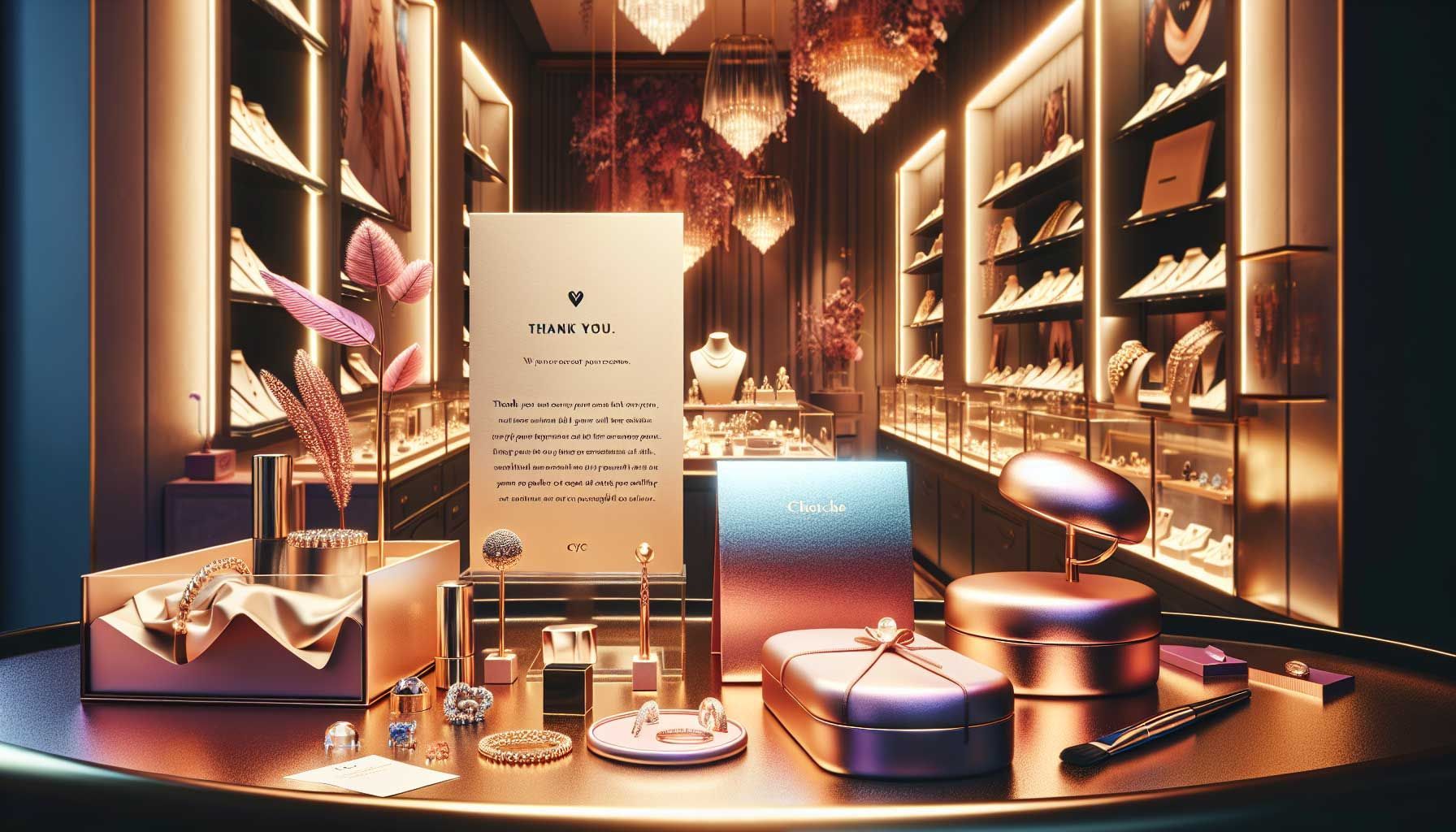 A beautifully arranged jewelry store setting showcasing a luxurious display of exquisite jewelry pieces under soft, warm lighting. The background features a stylish thank-you card and small gifting items like a jewelry cleaner and an elegant jewelry box. The image conveys warmth and gratitude, emphasizing personal touches with a hand-written note. Rich colors enhance the allure, reflecting a welcoming atmosphere for jewelry customers, with subtle hints of successful customer interaction. The overall feel resonates with appreciation and customer loyalty.