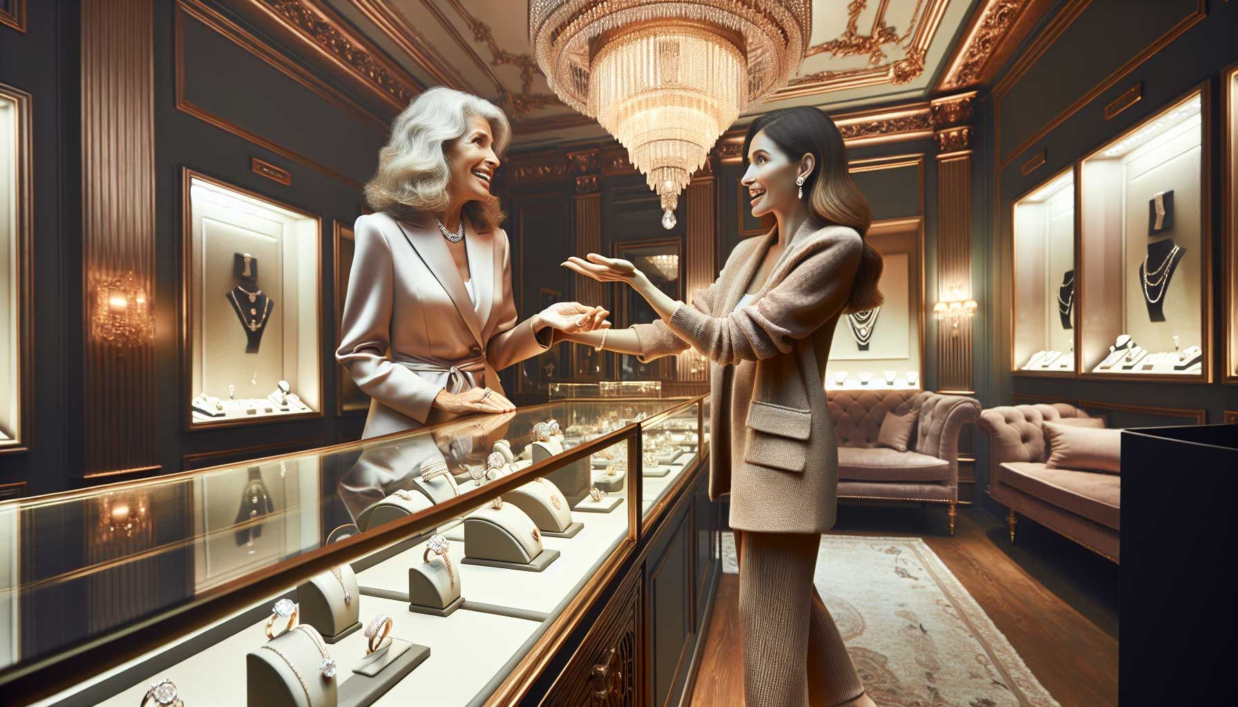 A luxurious jewelry store interior with elegant displays showcasing exquisite necklaces, rings, and bracelets. A smiling jeweler engages in a friendly conversation with a customer, pointing at a stunning diamond ring with admiration. Soft, warm lighting creates an inviting atmosphere, reflecting the opulence of the jewelry. The customer, a middle-aged woman wearing a stylish outfit, shows delight as she receives a genuine compliment about her choice, enhancing the emotional connection of the sales experience. Subtle details like decorative mirrors and plush seating add to the ambiance, making it a perfect setting for impactful sales conversations.