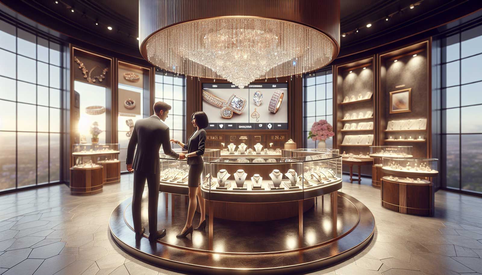 A photorealistic image of a luxurious jewelry store interior, showcasing elegantly displayed jewelry pieces on polished glass showcases. The ambiance is warm and inviting, featuring soft lighting that highlights the shimmer of diamonds and gemstones. In the background, a knowledgeable salesperson is assisting a customer, reflecting a friendly and professional atmosphere. The store has a sophisticated design with elegant décor, enhancing the upscale feel, and a visible digital screen shows an optimized website with clear product images and enticing call-to-action buttons, symbolizing the theme of optimizing conversion rates.