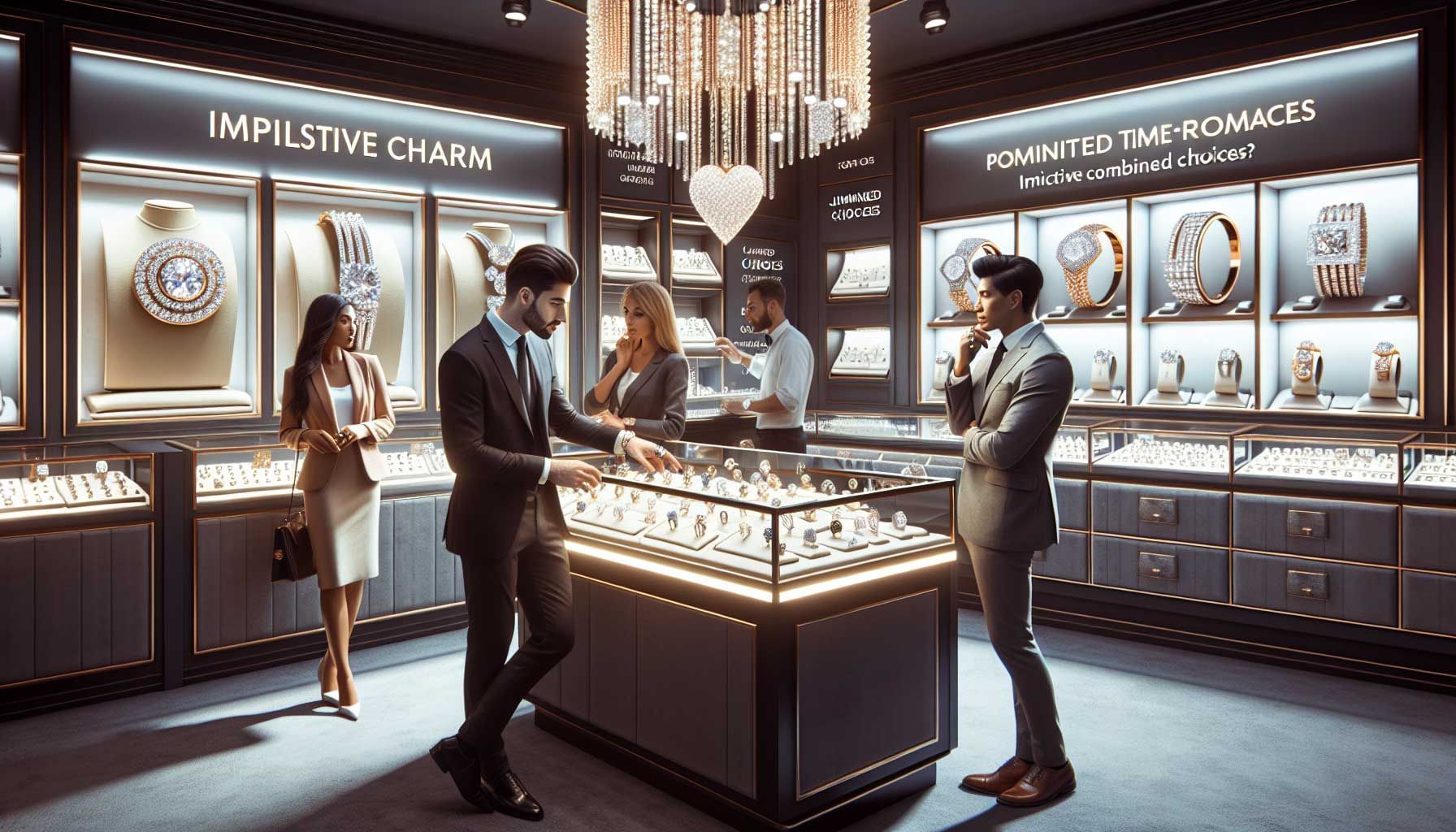 A beautifully arranged jewelry store interior showcasing an elegant display of eye-catching, sparkling rings and bracelets, with clear signage for impulse buying. The atmosphere is inviting, with soft lighting and a luxurious feel, highlighting limited-time promotions and attractive bundling offers. In the background, a well-dressed staff member is engaging with a customer, asking thoughtful questions about their preferences while another customer browses thoughtfully at personalized jewelry options. The overall scene conveys a blend of impulsive allure and considered purchases in a high-end jewelry setting.