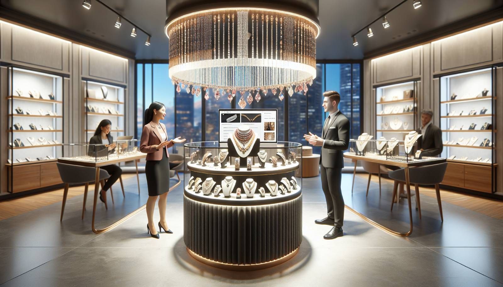 A beautifully arranged jewelry display in a luxury store setting, showcasing elegant necklaces, bracelets, and rings. The interior is modern with soft lighting enhancing the sparkle of the gems. On one side, a salesperson is engaging with a customer, representing push sales techniques, while on the other side, a well-organized blog or social media post is displayed on a digital screen, emphasizing pull sales techniques. The image captures the essence of both approaches in a visually appealing and photo-realistic style, fitting for jewelers seeking to understand these sales techniques.