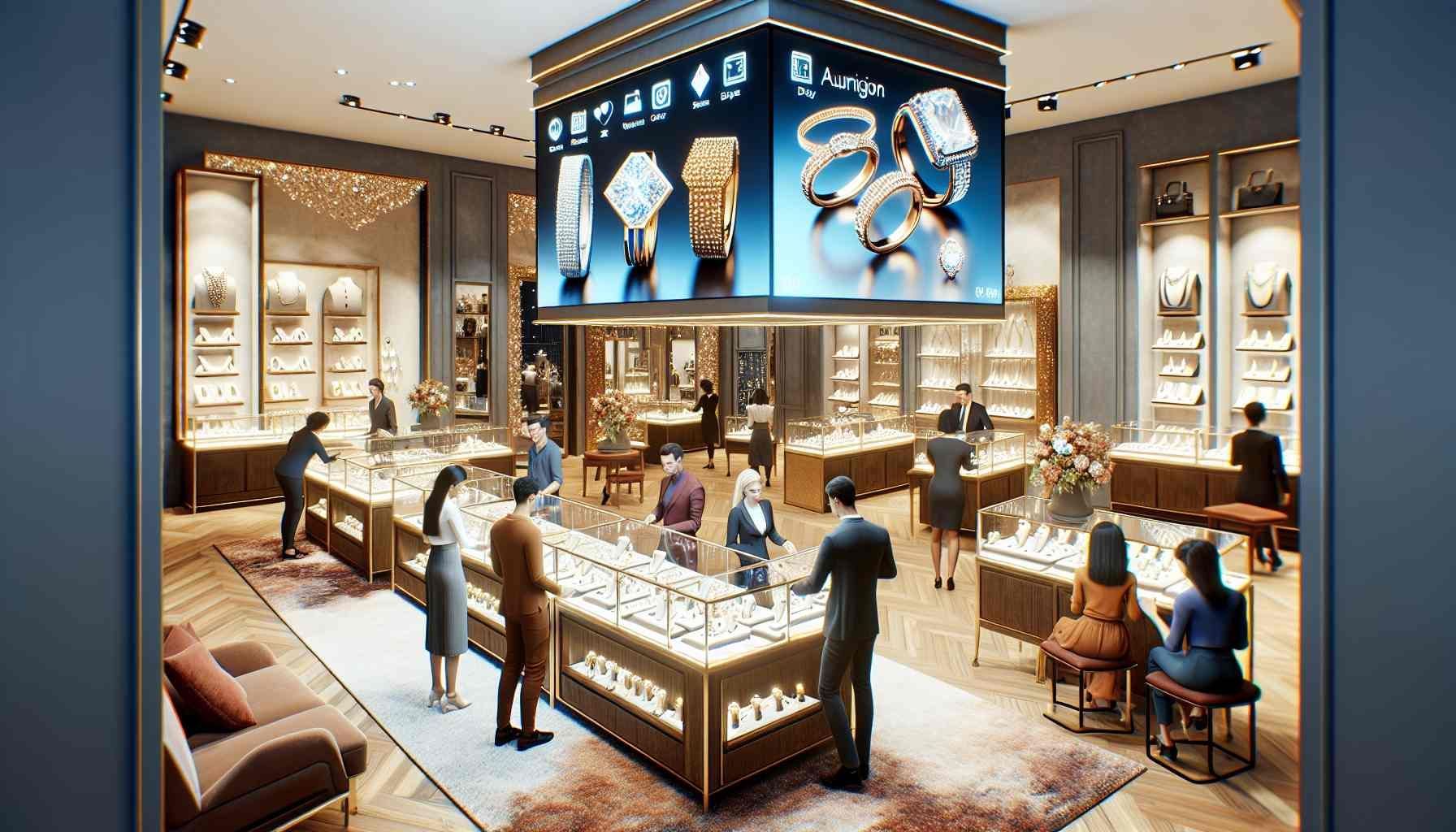 A luxurious and inviting jewelry store interior featuring modern digital displays showcasing augmented reality tools, customers engaging in a jewelry design workshop, and staff providing exceptional customer service. The ambiance should be warm and elegant, with sparkling jewelry pieces highlighted in well-lit showcases and a sophisticated color palette of gold, silver, and rich jewel tones. The setting should convey a seamless blend of physical and digital retail, emphasizing customer experience and engagement.