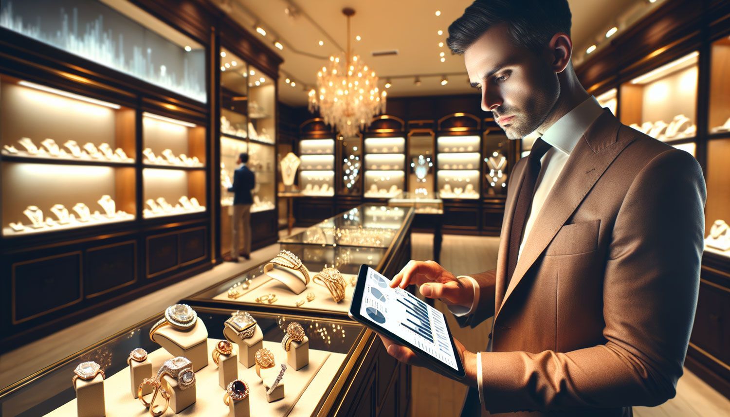 A bustling jewelry store during a busy day, showing a long line of impatient customers waiting at an outdated checkout counter. A frustrated employee stands beside a malfunctioning cash register, with a screen displaying an error message. The atmosphere is tense, capturing the essence of delays and customer dissatisfaction. The store is filled with elegant jewelry displays, but the focus is on the struggle at the checkout. Soft lighting accentuates the gleaming jewelry while emphasizing the stress in the scene.