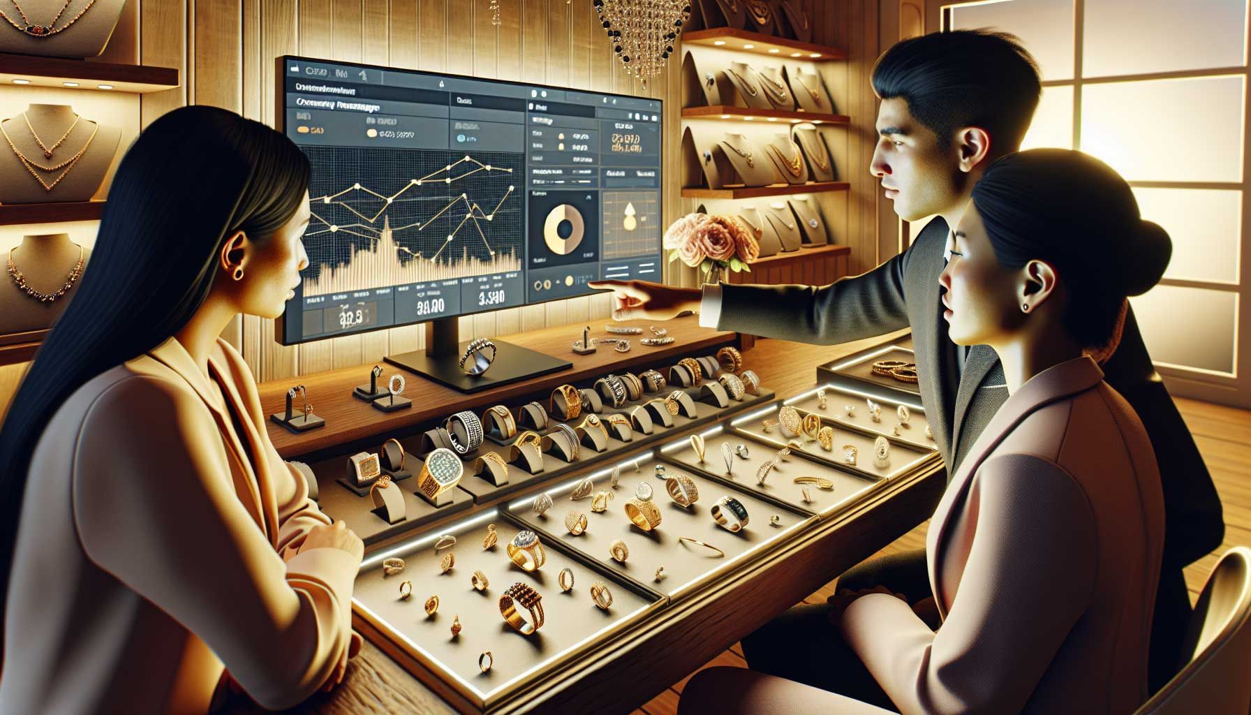 A photorealistic image of a jeweler's workshop featuring an elegant display of various jewelry pieces such as rings, necklaces, and bracelets. The background includes a computer screen showcasing data analytics and inventory management software in use, with charts and graphs illustrating sales trends. The workspace is well-organized and visually appealing, incorporating warm lighting to create an inviting atmosphere, while also highlighting the importance of smart inventory management and ROI strategies in the jewelry business.