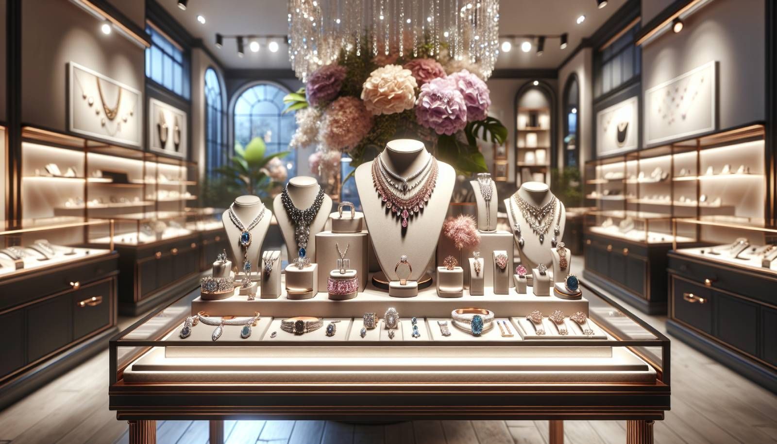 A photo-realistic image of an elegant jewelry display in a well-lit boutique, showcasing a variety of exquisite jewelry pieces, including necklaces, rings, and bracelets. The display features a mix of heights and textures, with soft velvet and shiny materials highlighting the jewelry's sparkle. The background includes tasteful decorations such as flowers and books, creating a warm and inviting atmosphere. Soft spotlights illuminate the pieces, enhancing their colors and details. A hint of customer interaction can be seen, illustrating the engaging shopping experience.