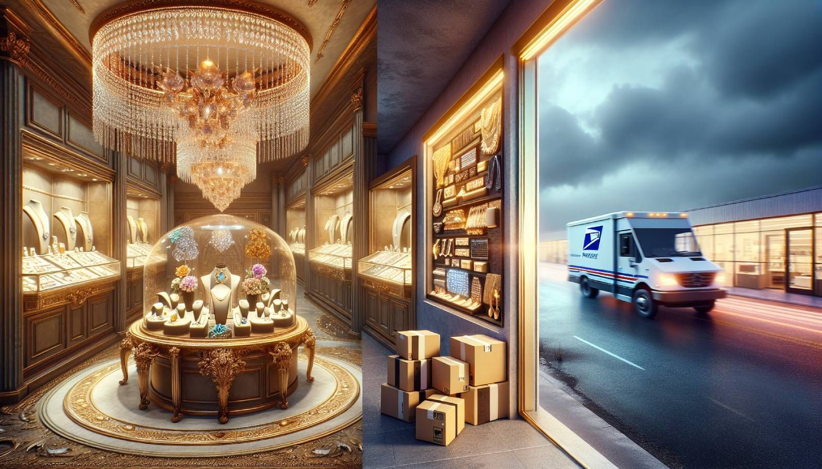 A photo-realistic landscape image depicting a luxurious jewelry store with elegant displays of fine jewelry, alongside a busy postal service environment where packages are being prepared for shipment. The scene highlights efficient packaging, modern shipping technology, and a delivery timeline on a digital screen showing rapid delivery options. Soft, warm lighting enhances the ambiance inside the jewelry store, which is adorned with sparkling gems and gold. Outside the window, a delivery truck can be seen departing, symbolizing swift and free shipping services.